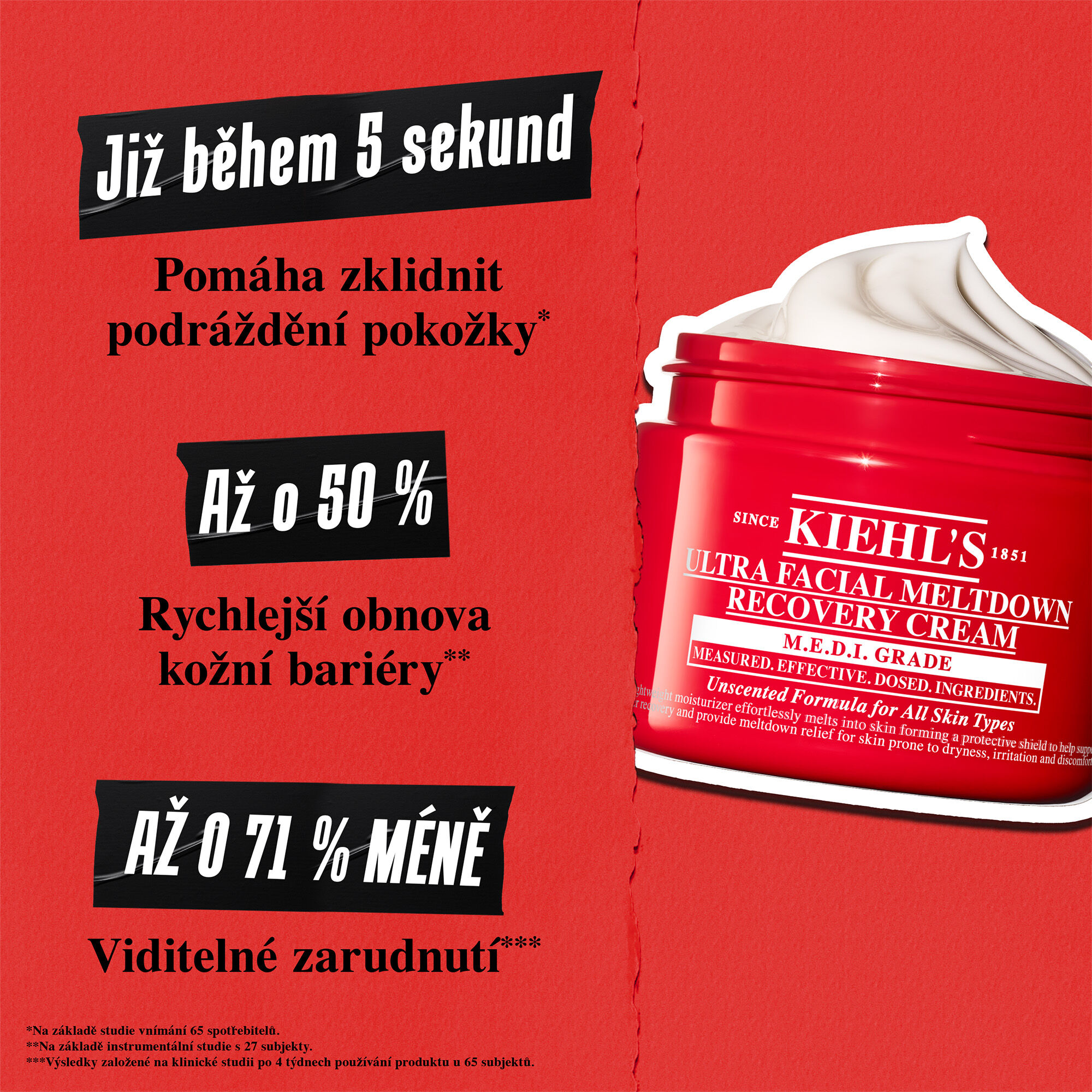 Červene pozadi s kelimkem kremu. Text zni: Zklidněni podražděni za 5 sekund, o 50 % rychlejši obnova bariery a o 71 % meně viditelneho začervenani.