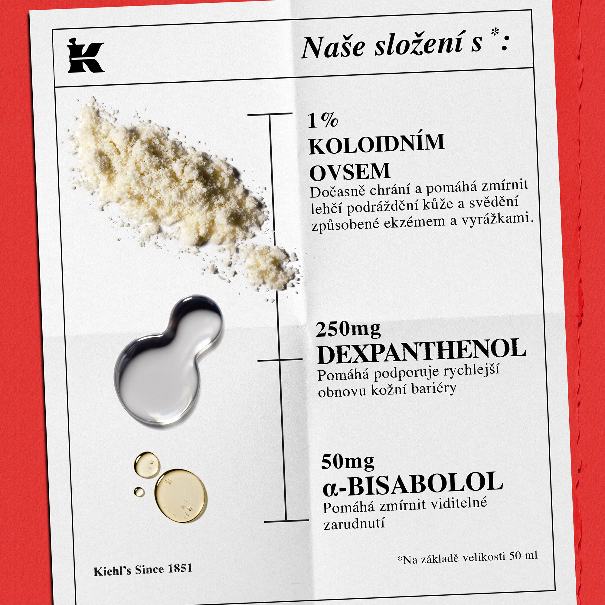 Seznam ingredienci: 1 % koloidnich ovesnych vloček (zmirňuje mirna podražděni), 250 mg dexpanthenolu (obnova bariery) a 50 mg α-bisabololu (redukuje začervenani).