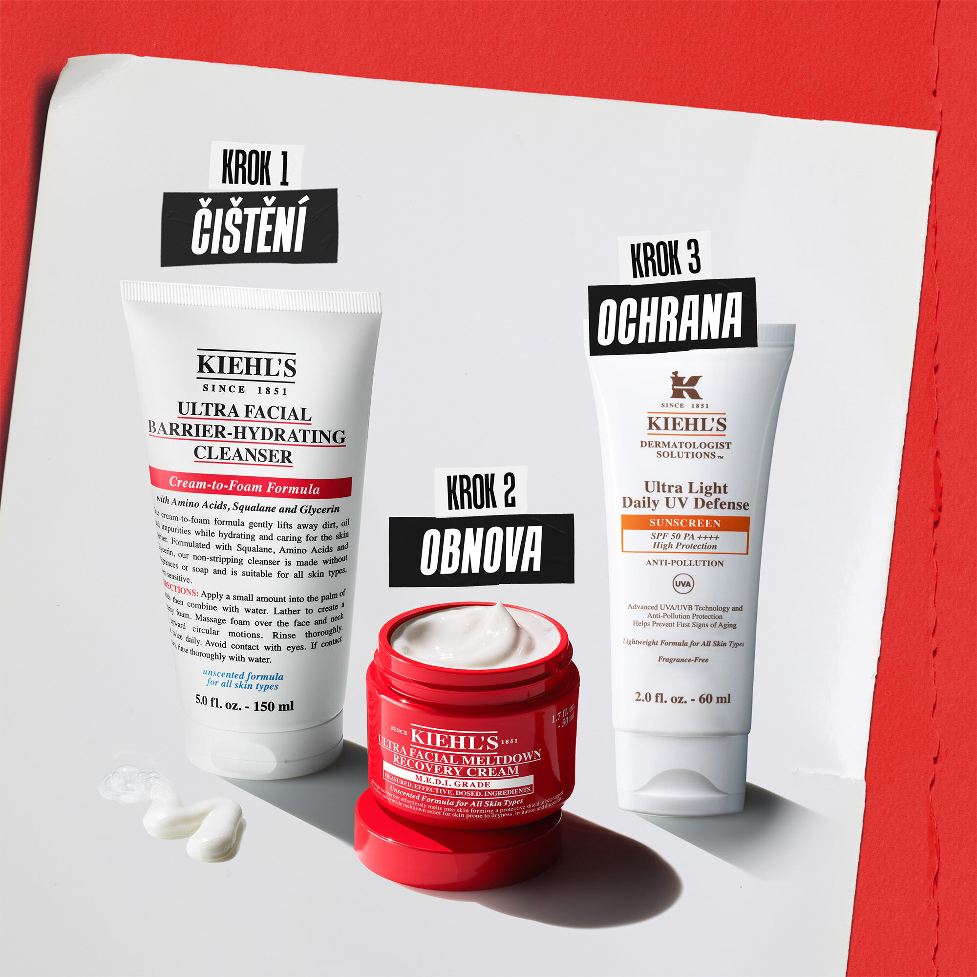 Tři produkty Kiehl’s: 1. krok čištěni (Barrier-Hydrating Cleanser), 2. krok obnova (Meltdown Recovery Cream) a 3. krok ochrana (Better Screen UV Serum).