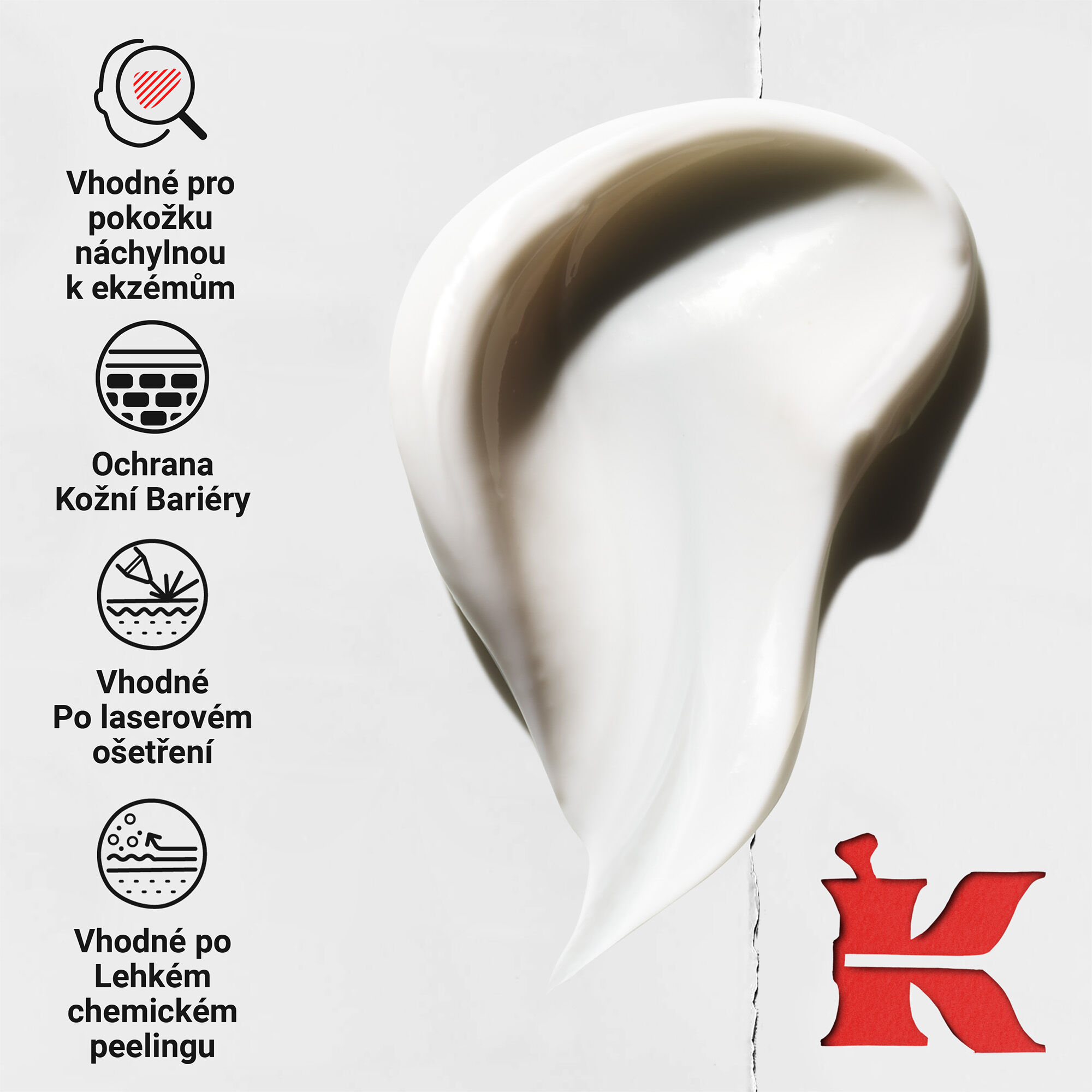 Dynamicka spirala husteho kremu; ikony zdůrazňuji benefity: vhodne pro pleť se sklonem k ekzemu, ochrana kožni bariery, peče po laseru a po lehkem chemickem peelingu.