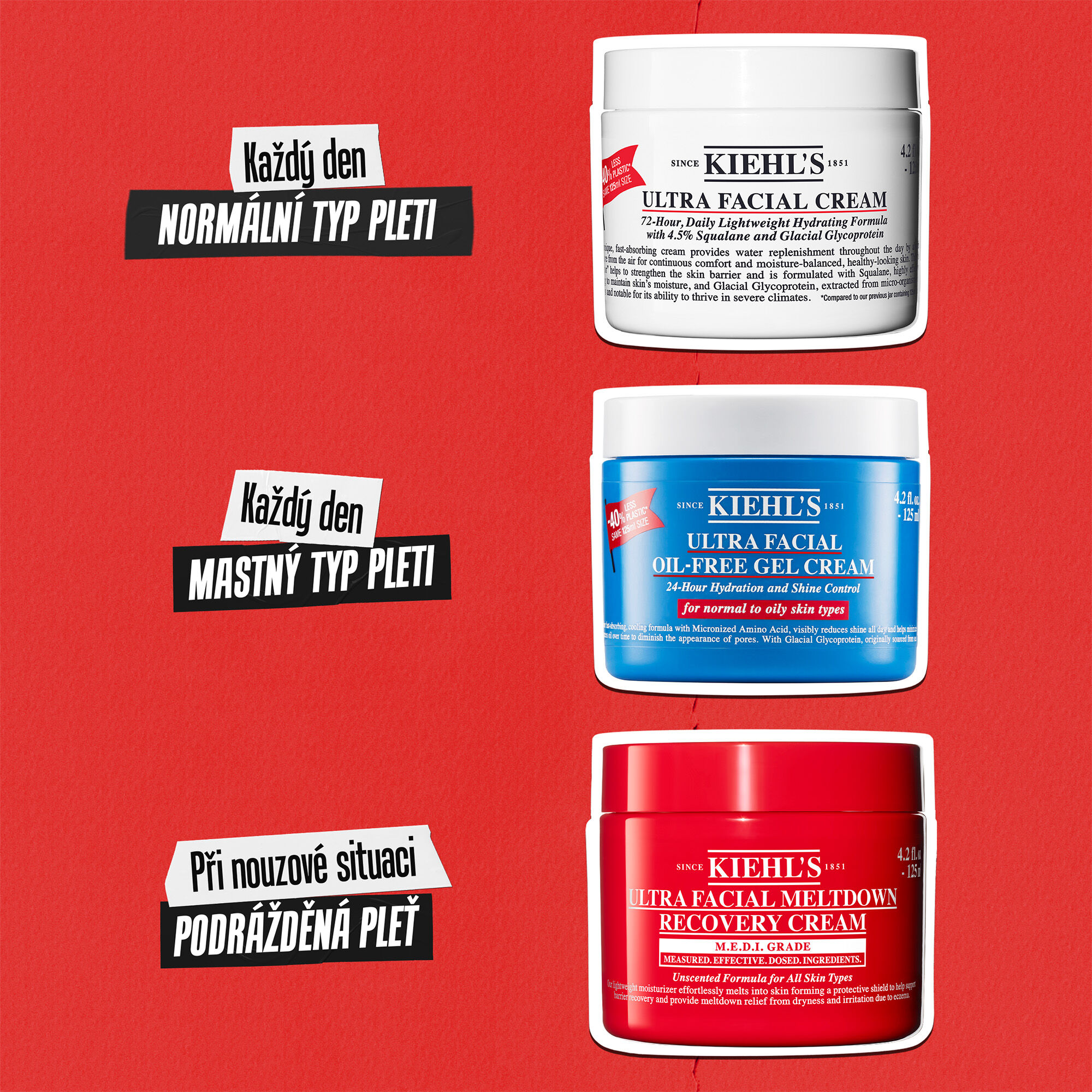 Tři kremy Kiehl’s: Ultra Facial Cream pro normalni pleť, Oil-Free Gel Cream pro mastnou pleť a Meltdown Recovery Cream pro podražděnou pleť.