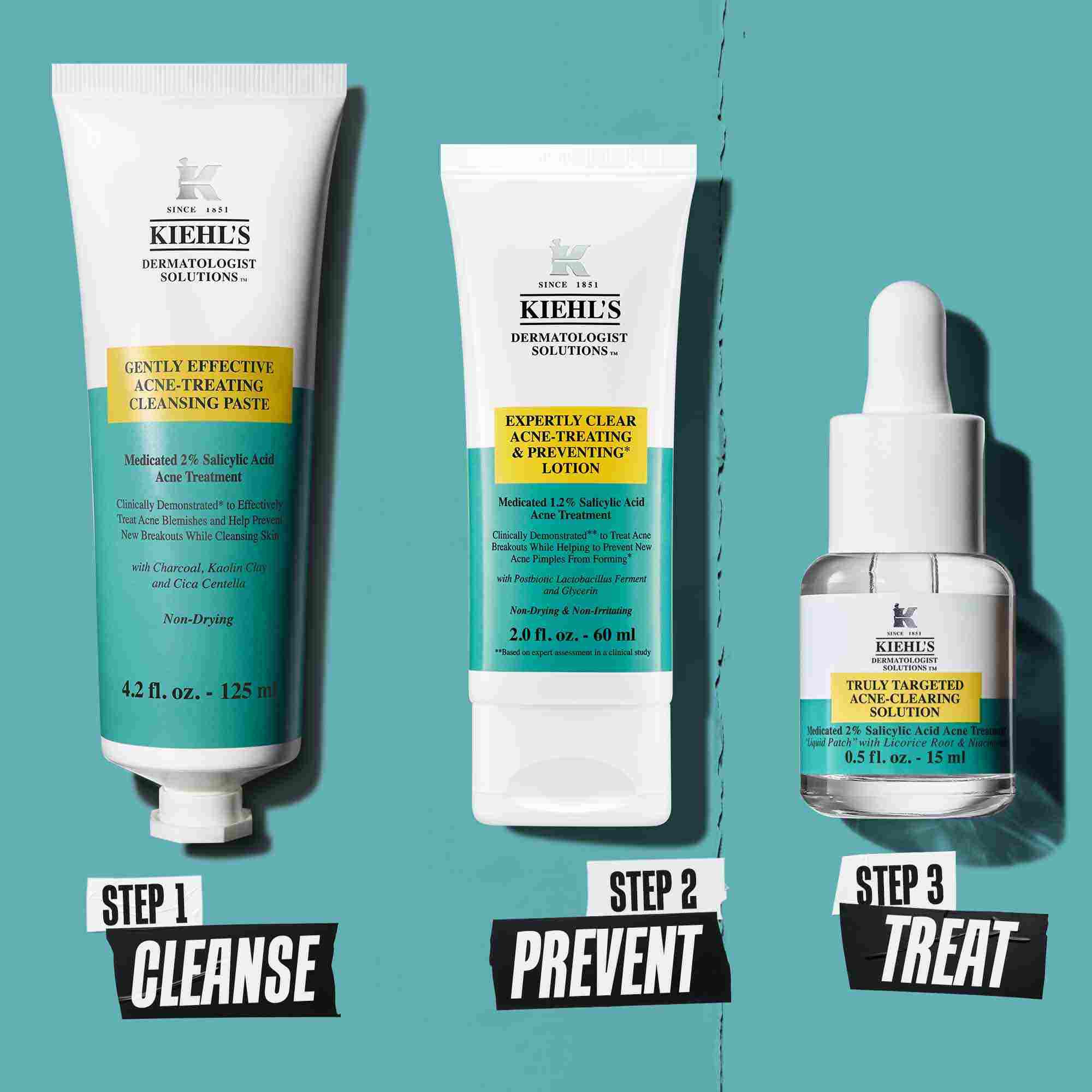 Třikrokova rutina pro čištěni nedokonalosti s produkty Kiehl's. Krok 1: Čistici pasta na ošetřeni nedokonalosti. Krok 2: Pleťova voda pro ošetřeni a prevenci nedokonalosti. Krok 3: Truly-Targeted Blemish-Clearing Solution.
