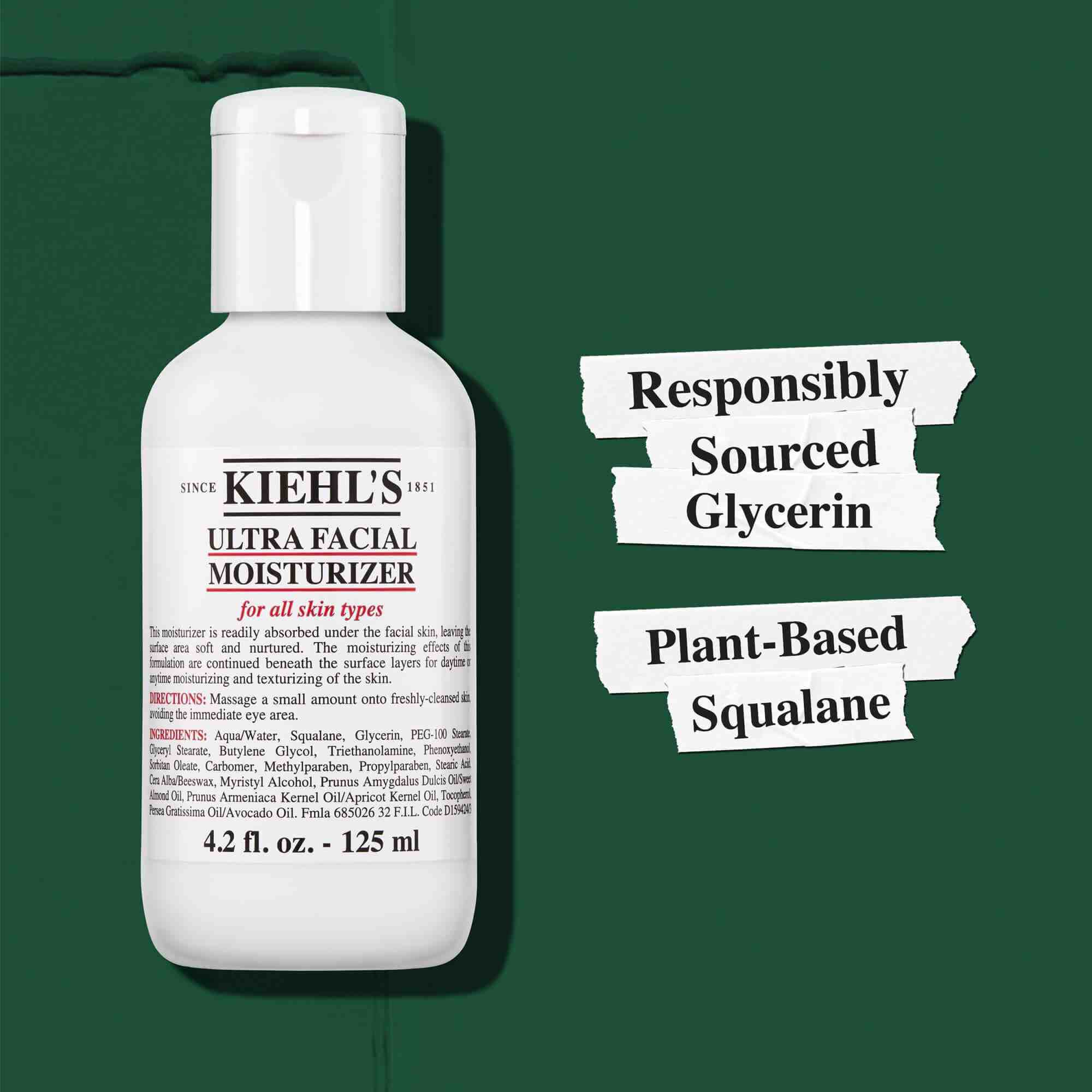 Kiehl's Ultra Facial Moisturizer obsahuje zodpovědně ziskavany glycerin a rostlinny skvalan