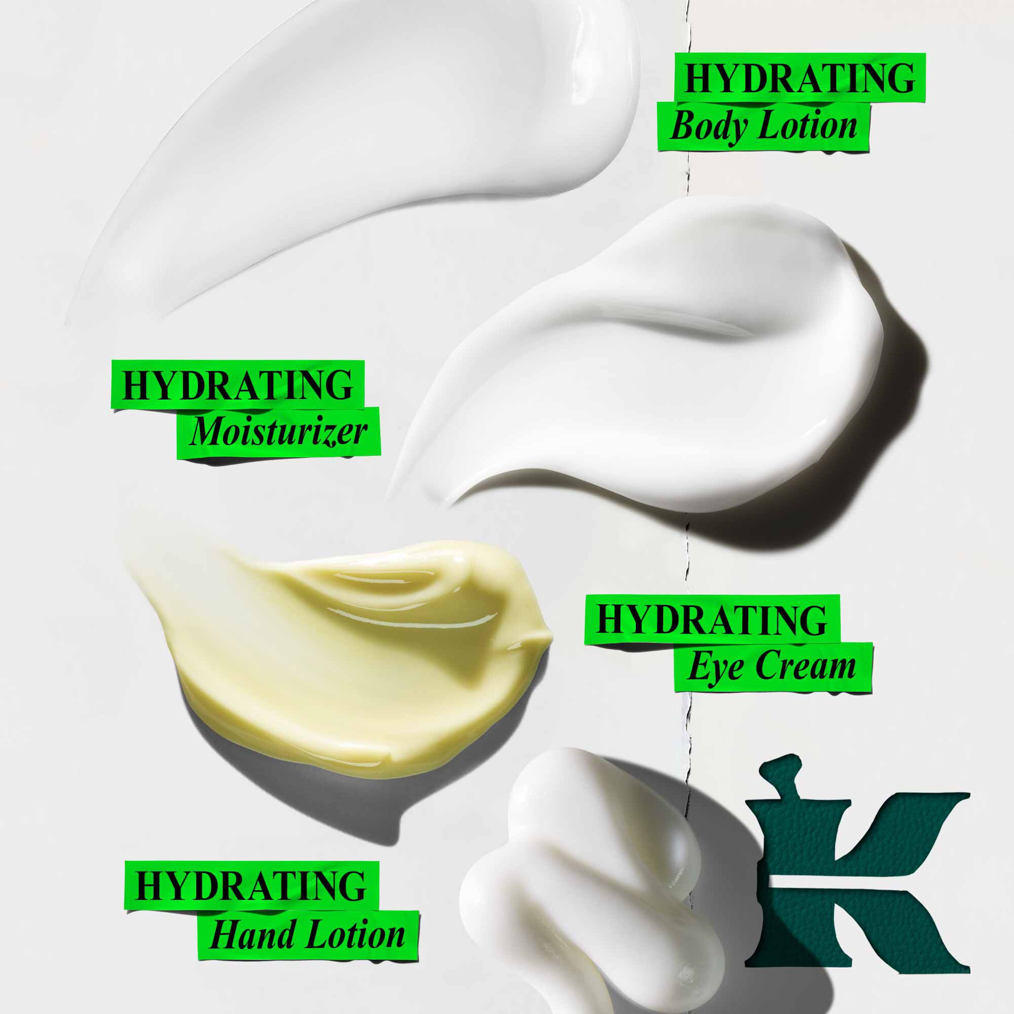 Grafika znazorňujici čtyři viry produktu na bilem pozadi. Horni bily vir je označen jako "HYDRATING Body Lotion". Pravy bily vir uprostřed je označen jako "HYDRATAČNI hydratačni krem". Levy žluty vir uprostřed je označen jako "HYDRATAČNI očni krem". Bily vir vpravo dole je označen jako "HYDRATING Hand Lotion". V pravem dolnim rohu je tmavě zelene logo "K".