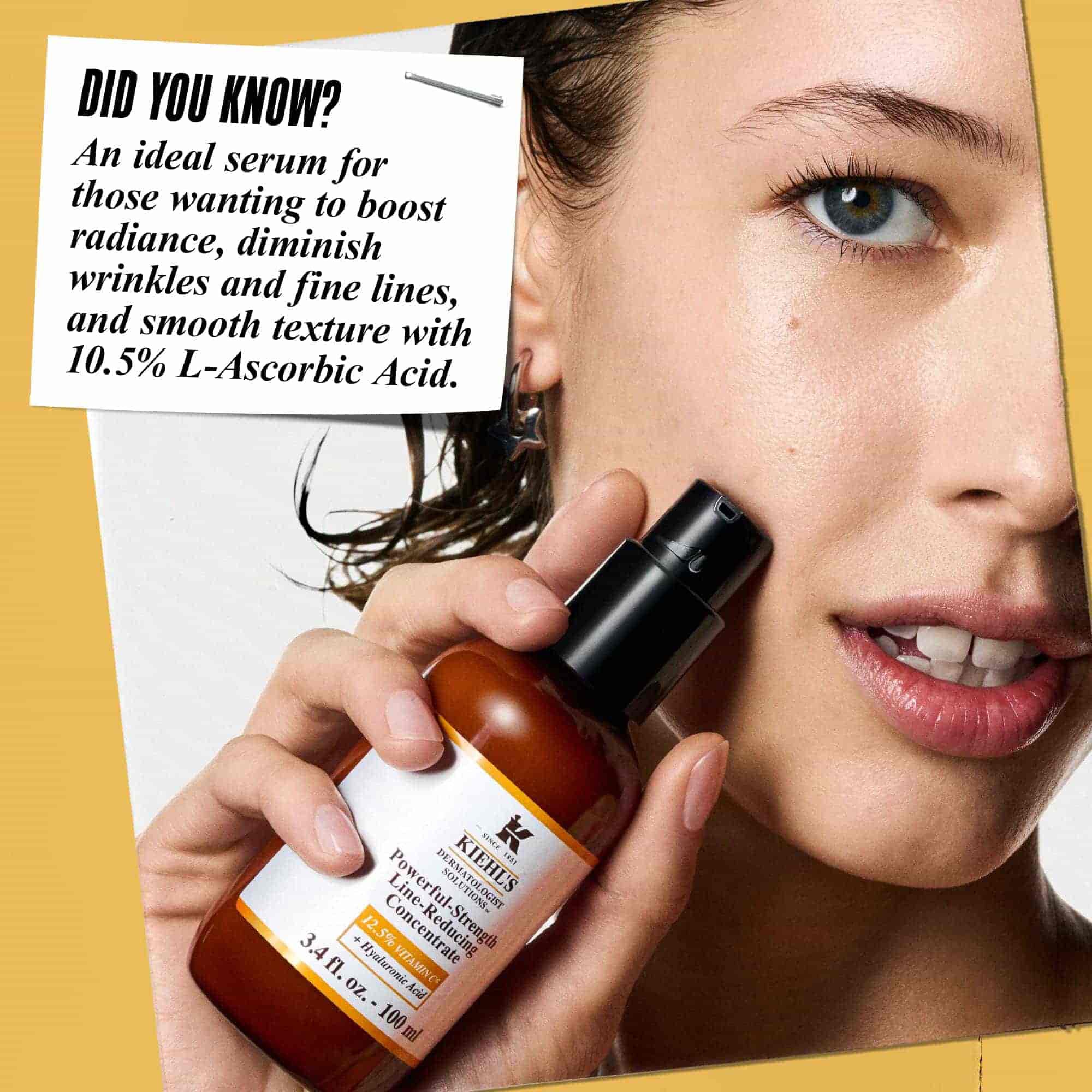 Osoba aplikujici Powerful-Strength Line-Reducing Concentrate na obličej. Text zni: „Věděli jste? Tento vysoce učinny serum, idealni pro nerovnoměrny ton pleti, je formulovano s 12,5 % fragmentovaneho vitaminu C a kyselinou hyaluronovou.“