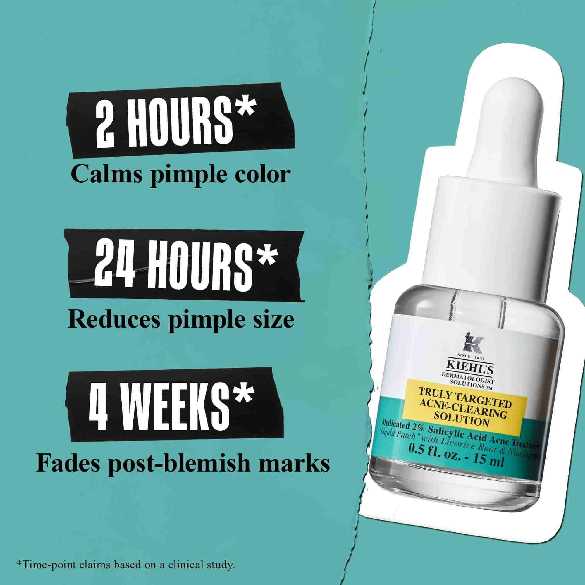 Lahvička Truly-Targeted Blemish-Clearing Solution na zelenem pozadi s textem: "2 hodiny* Zklidňuje barvu pupinku", "24 hodin* Zmenšuje velikost pupinku" a "4 tydny* Zmirňuje stopy po akne".