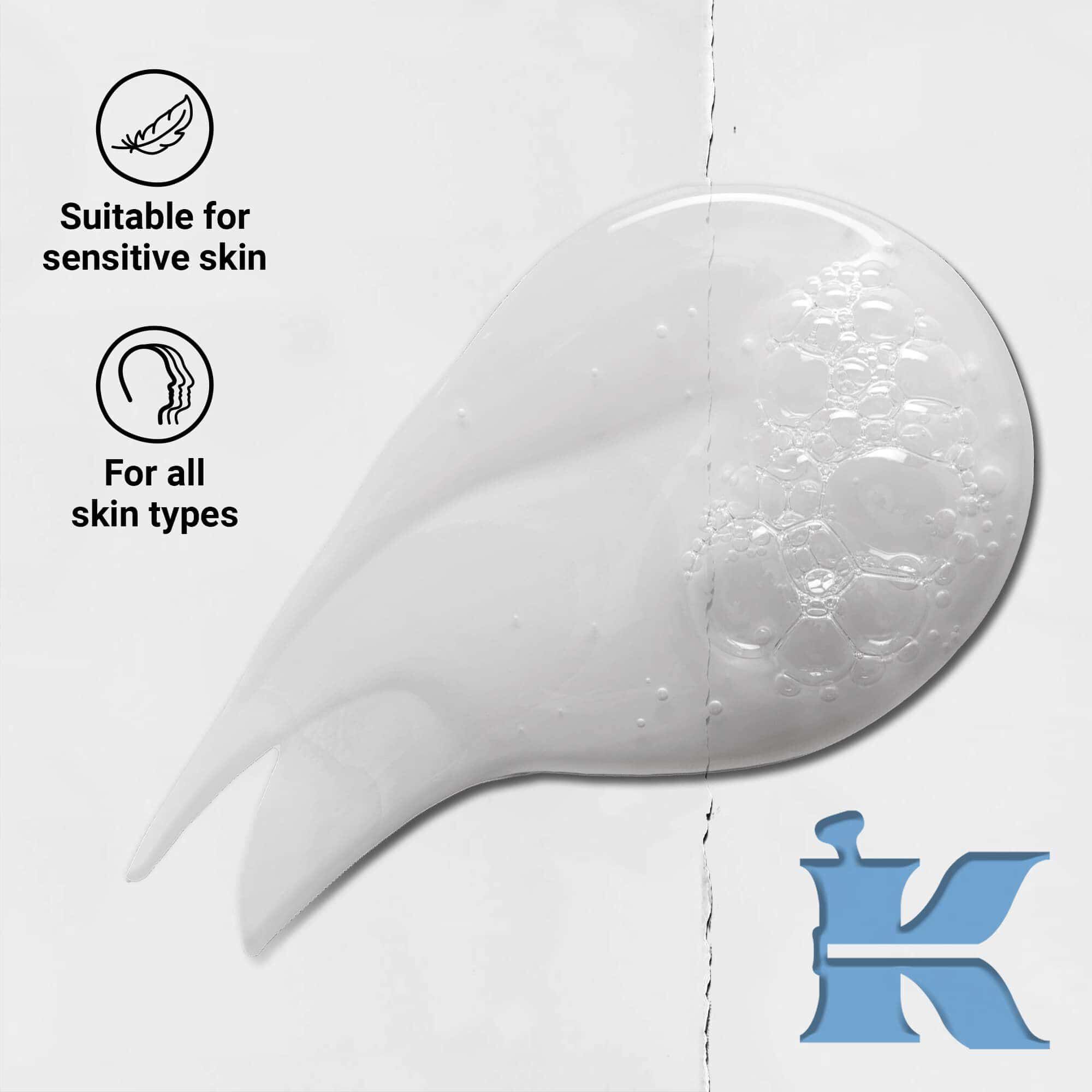 Fotografie textury Kiehl's Ultra Facial Cleanser s ikonami: pro všechny typy pleti a citlivou pleť
