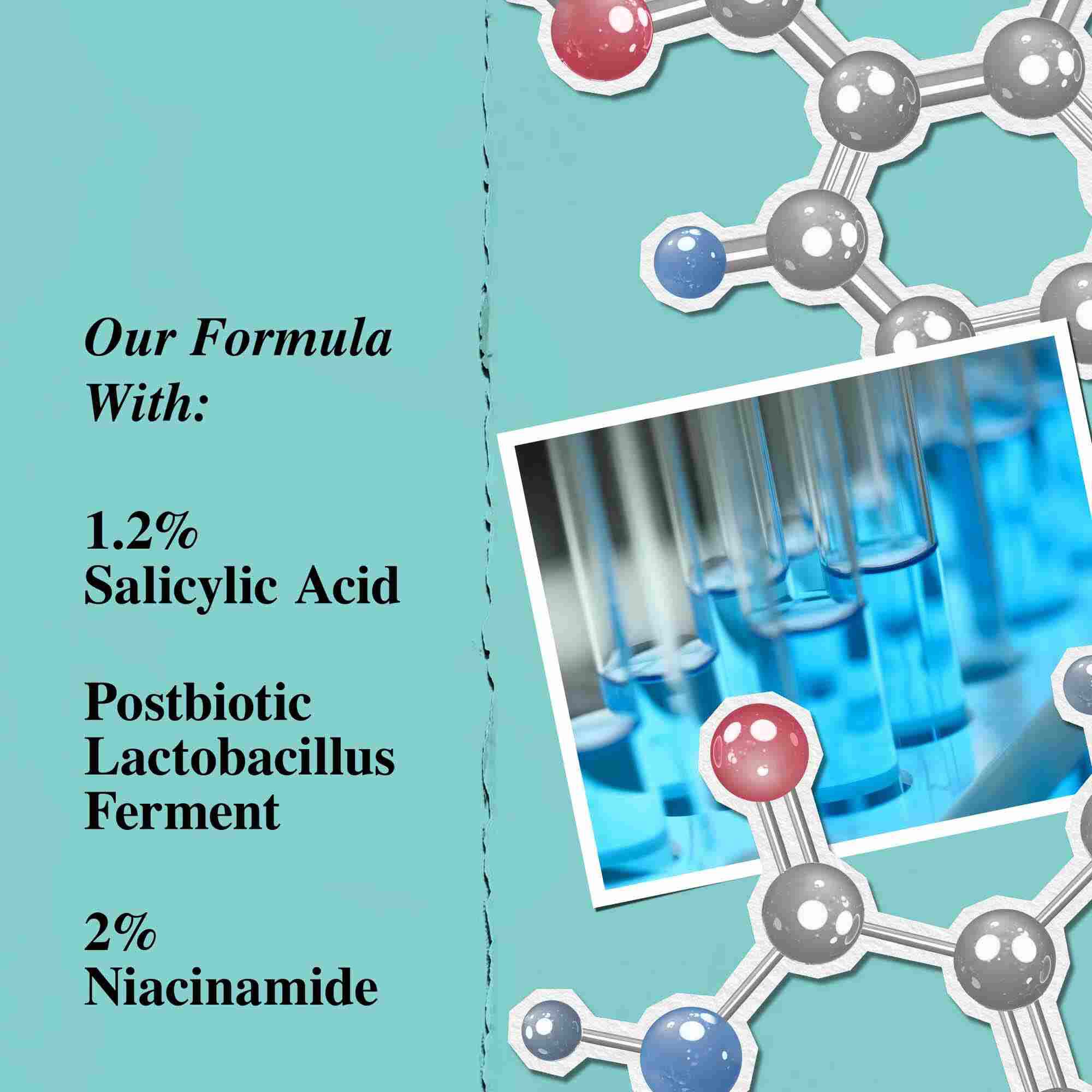 Grafika zdůrazňujici kličove složky Expertly Clear Blemish-Treating & Preventing Lotion, včetně kyseliny salicylove, postbiotickeho fermentu Lactobacillus a niacinamidu.