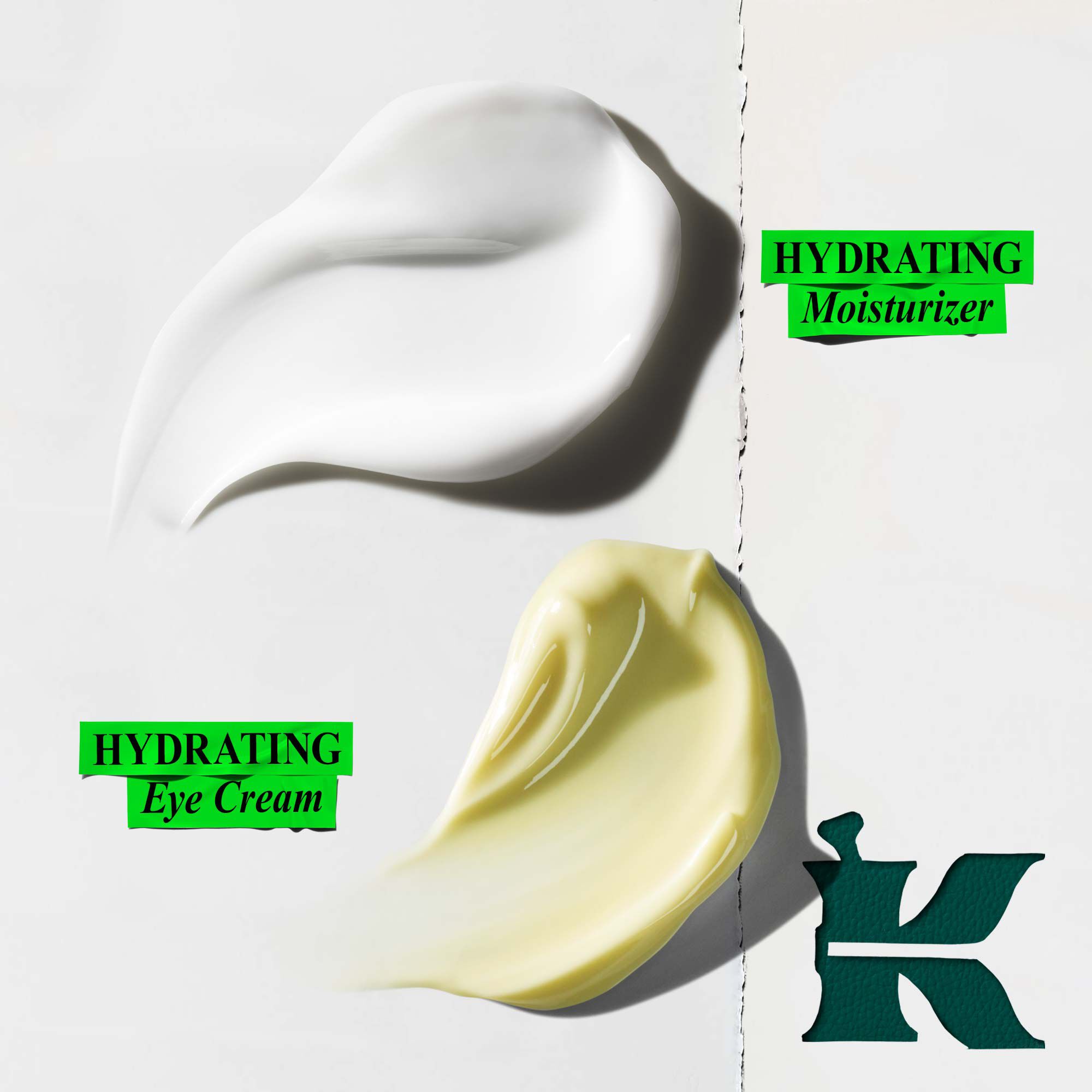 Grafika zobrazujici dva vzorky kremove barvy na bilem pozadi. Horni vzorek je bily, se zelenym textem vpravo s napisem "HYDRATAČNI HYDRATAČNI KREM". Spodni vzorek je žlutozeleny, se zelenym textem vlevo s napisem "HYDRATING Eye Cream". V pravem dolnim rohu je velke tmavě zelene logo "K".