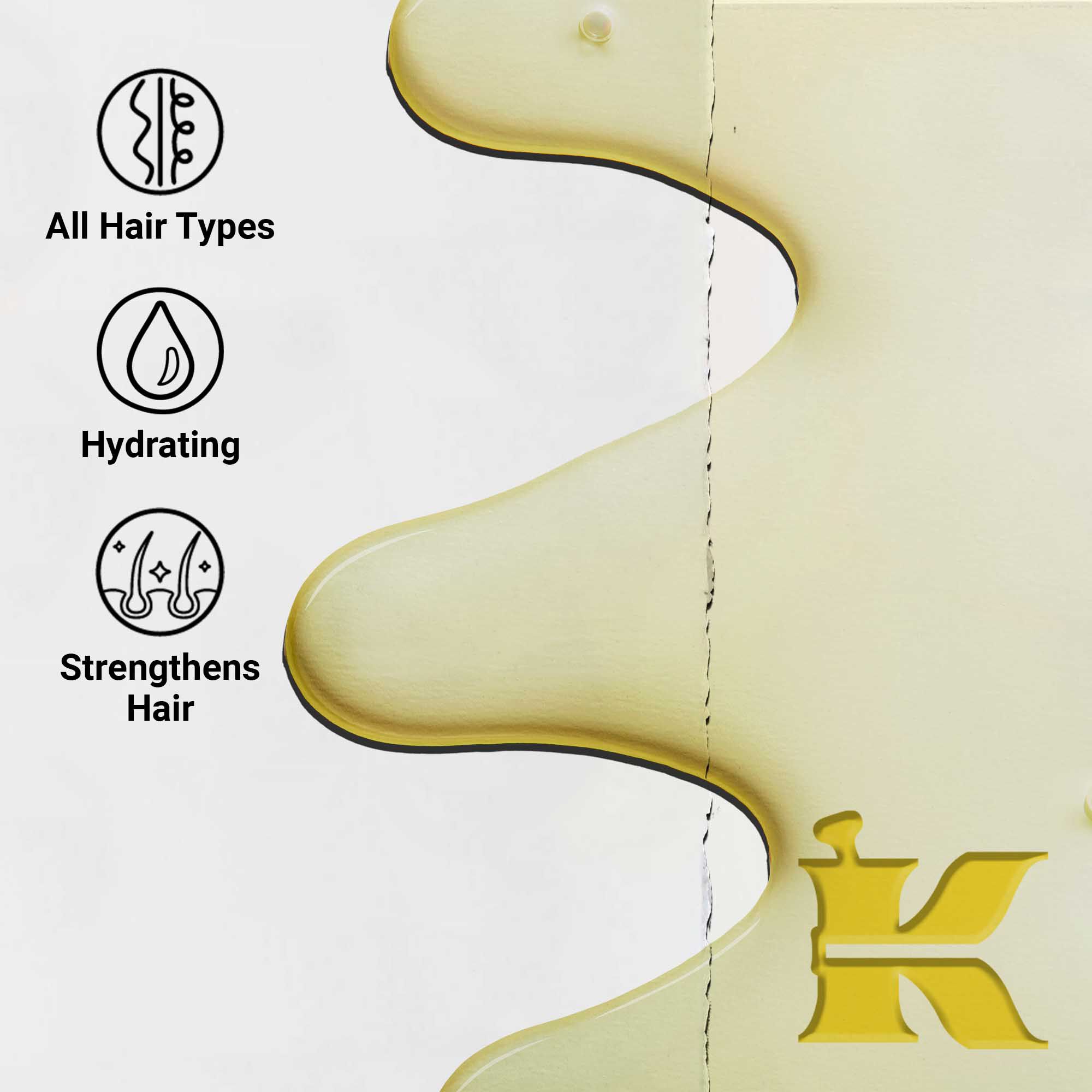 Detail textury Magic Elixir Hair Oil. Text zdůrazňuje, že je hydratačni, lehky a navrženy pro zlepšeni textury vlasů pro všechny typy vlasů.