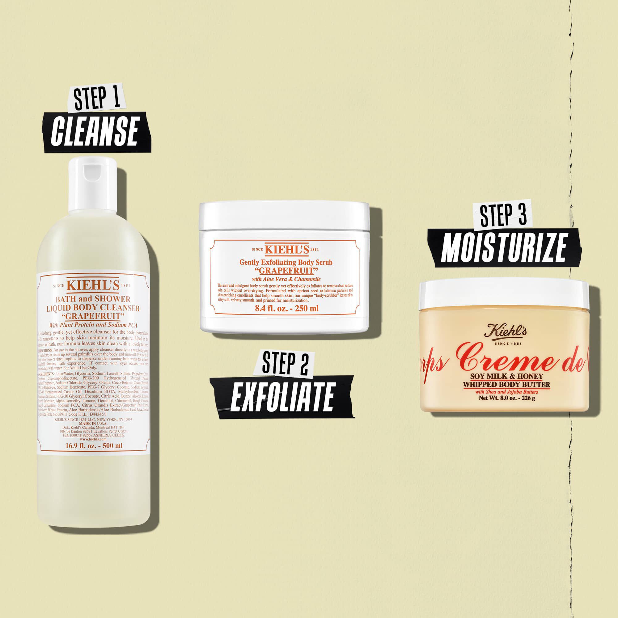 Ilustrace rutiny s tělovym maslem Creme de Corps Whipped Butter – čištěni, exfoliace, hydratace