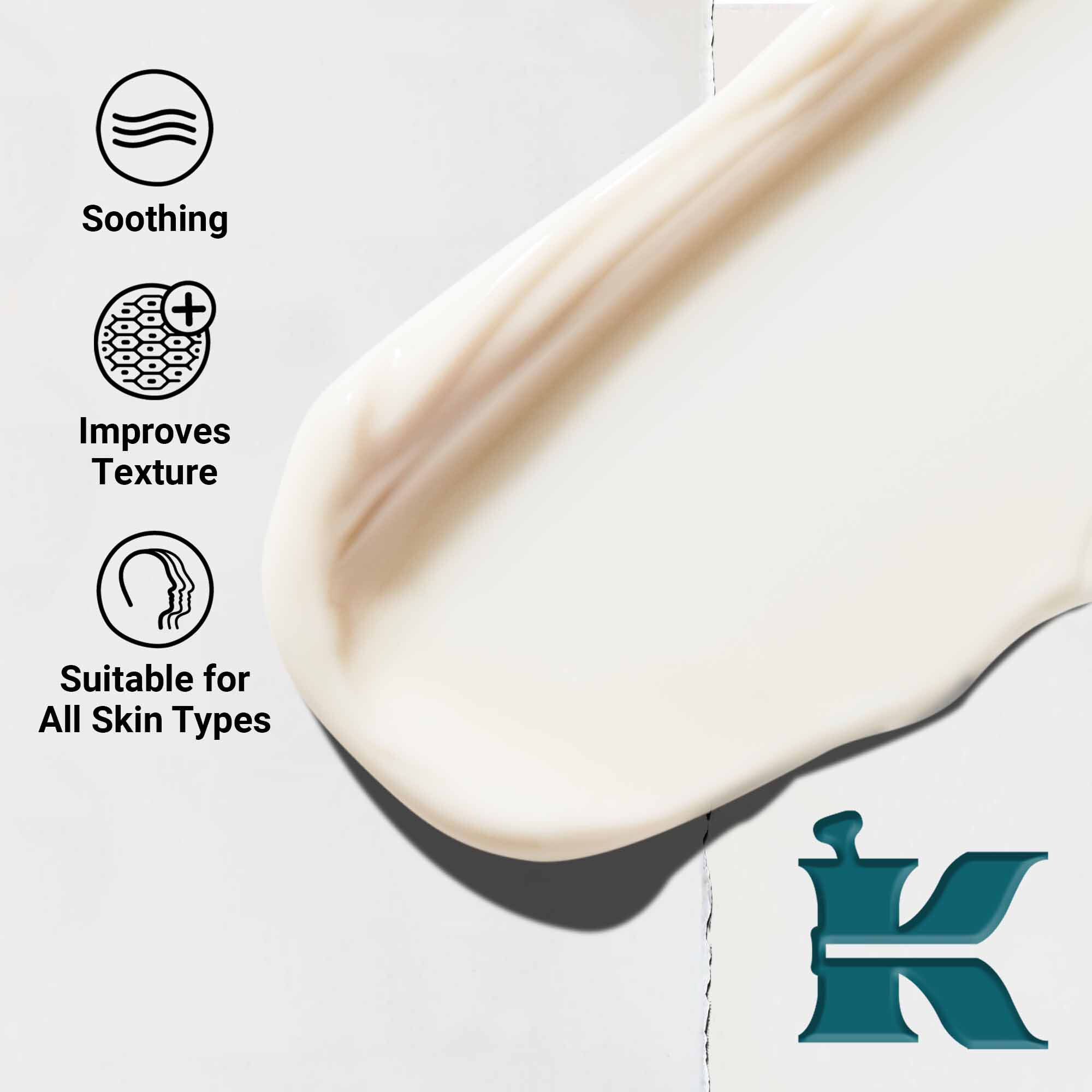 Detail textury Kiehl's Close Shavers Squadron Smooth Glider Precision Shave Lotion. Text zdůrazňuje vyhlazujici vlastnosti a zlepšeni textury, vhodne pro všechny typy pleti.