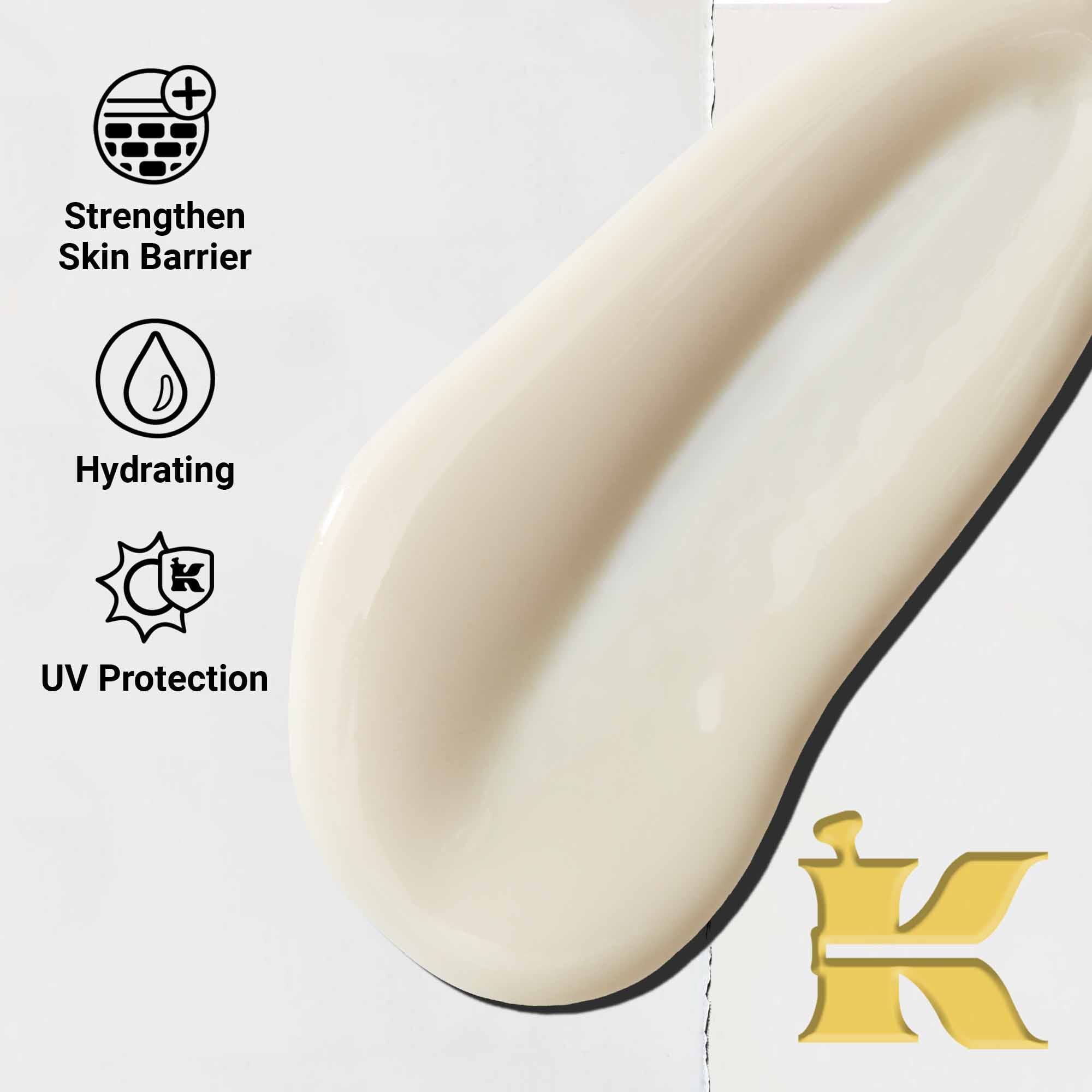 Detail textury Ultra-Light Daily UV Defense. Text zdůrazňuje jeho lehkou, hydratačni a širokospektralni UV ochranu.