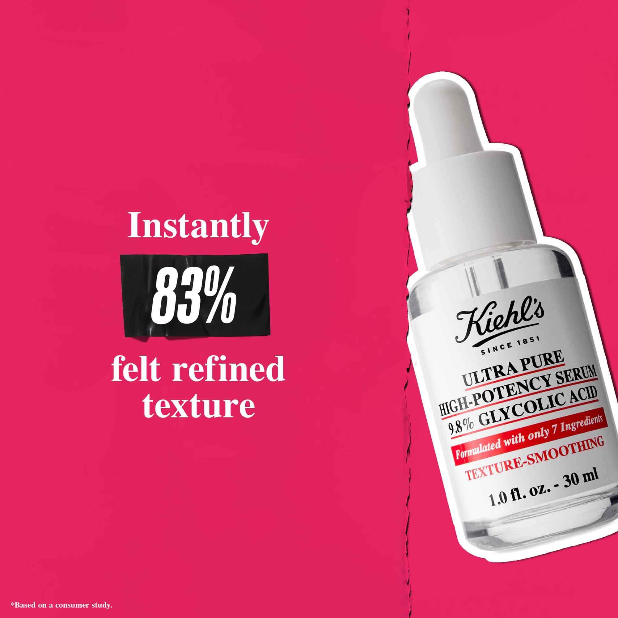 Lahvička Ultra Pure 9.8% Glycolic Acid Serum na růžovem pozadi s textem: „Okamžitě 83 % pocitilo zjemněnou texturu.“