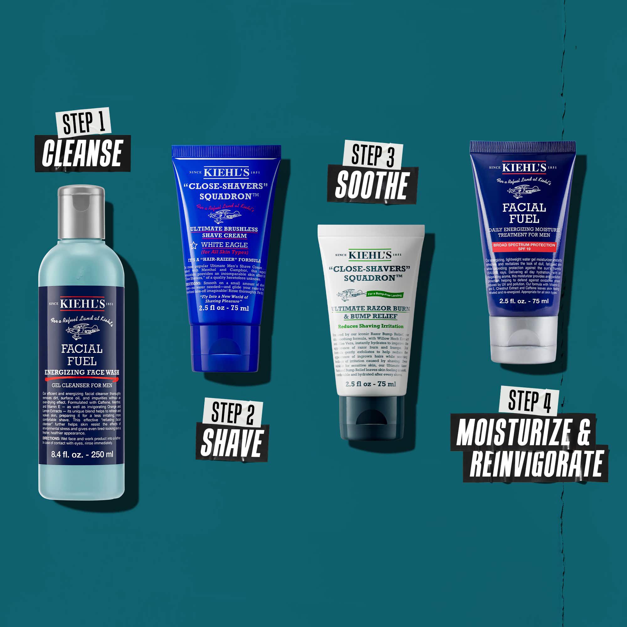Čtyři produkty Kiehl’s pro panskou peči o pleť: Čištěni, Holeni, Zklidněni a Hydratace/Povzbuzeni