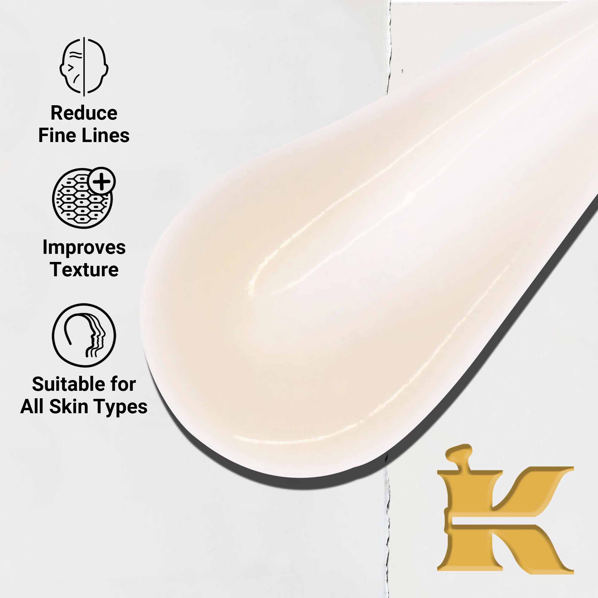 Detail textury Powerful-Strength Line-Reducing Concentrate. Text zdůrazňuje jeho schopnost redukovat jemne vrasky, zlepšovat texturu a vhodnost pro všechny typy pleti.