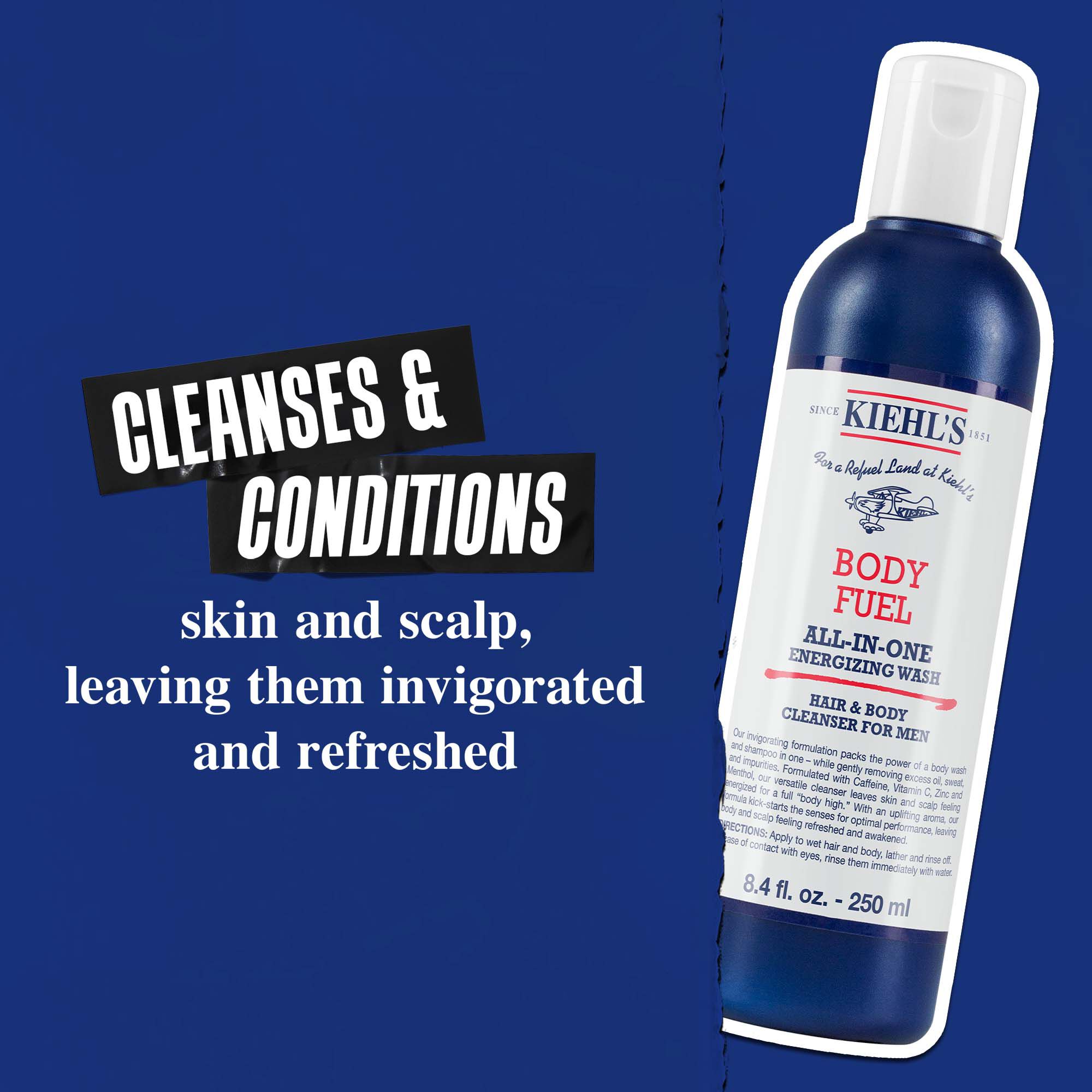 Body Fuel All-In-One Energizing Wash: Čisti a ošetřuje pokožku, vlasy a vlasovou pokožku, zanechava je povzbuzene a osvěžene.