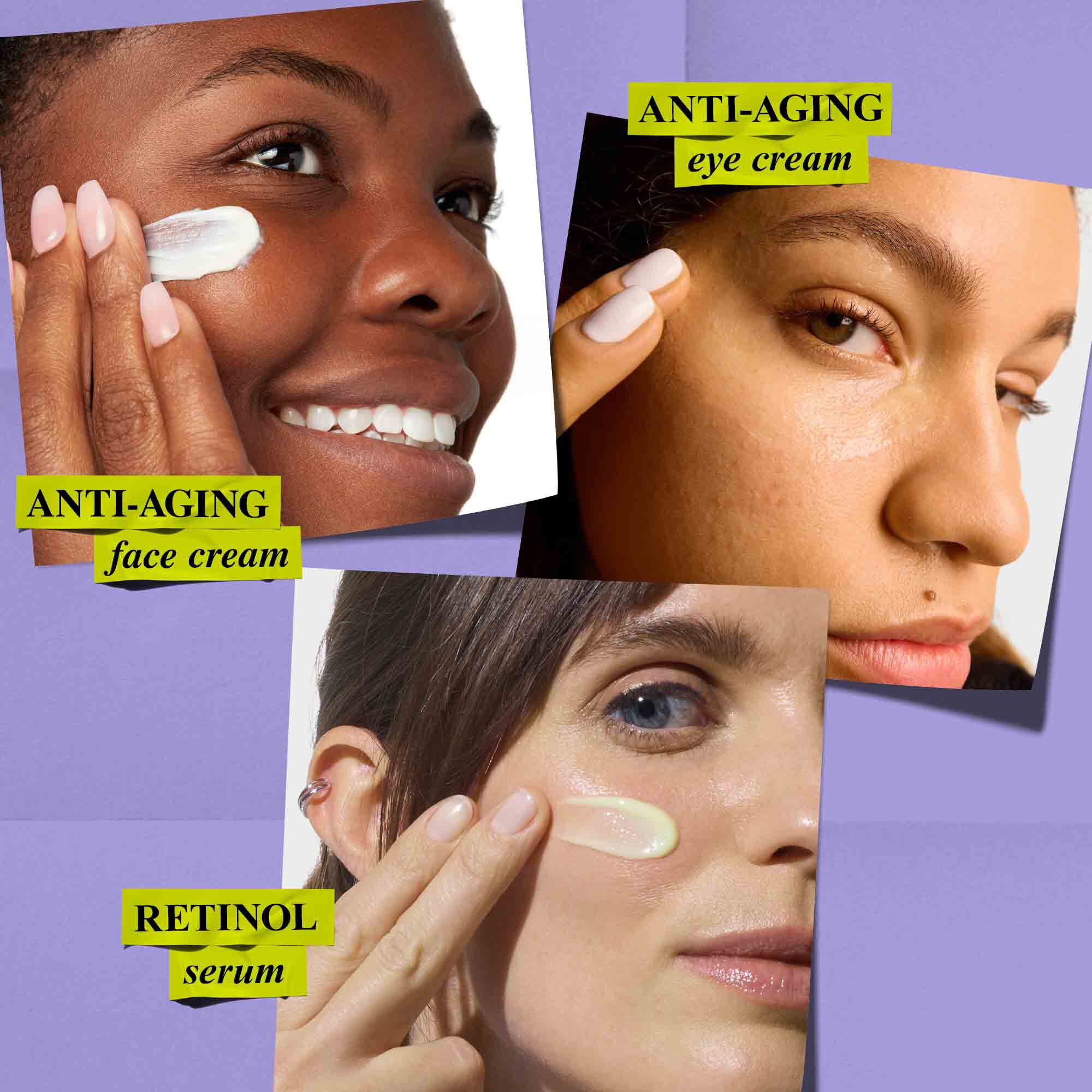 Three individuals apply Kiehl's anti-aging face cream, eye cream, and retinol serum, demonstrating product application for an anti-aging routine.