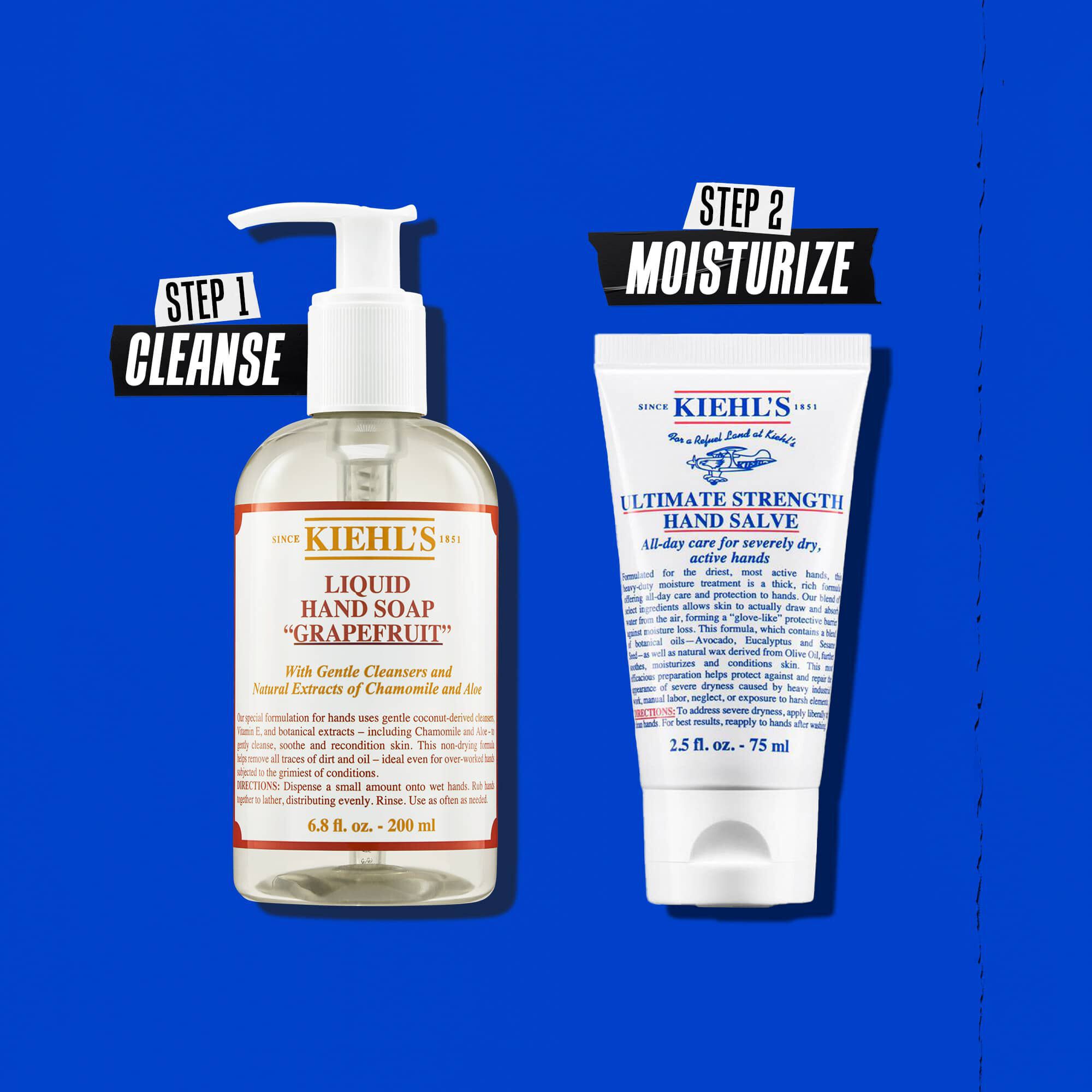 Ilustrace rutiny s Kiehl's Ultimate Strength Hand Salve – čištěni, hydratace