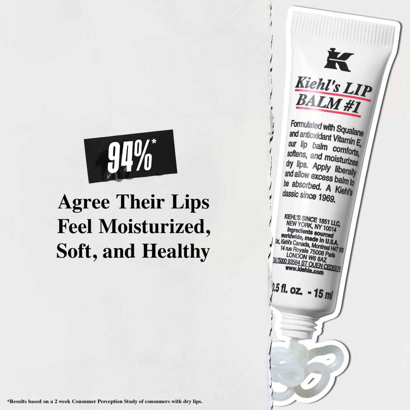 Tuba balzamu Lip Balm #1 na bilem pozadi s textem: „94 % souhlasi, že jejich rty jsou hydratovane, jemne a zdrave.“