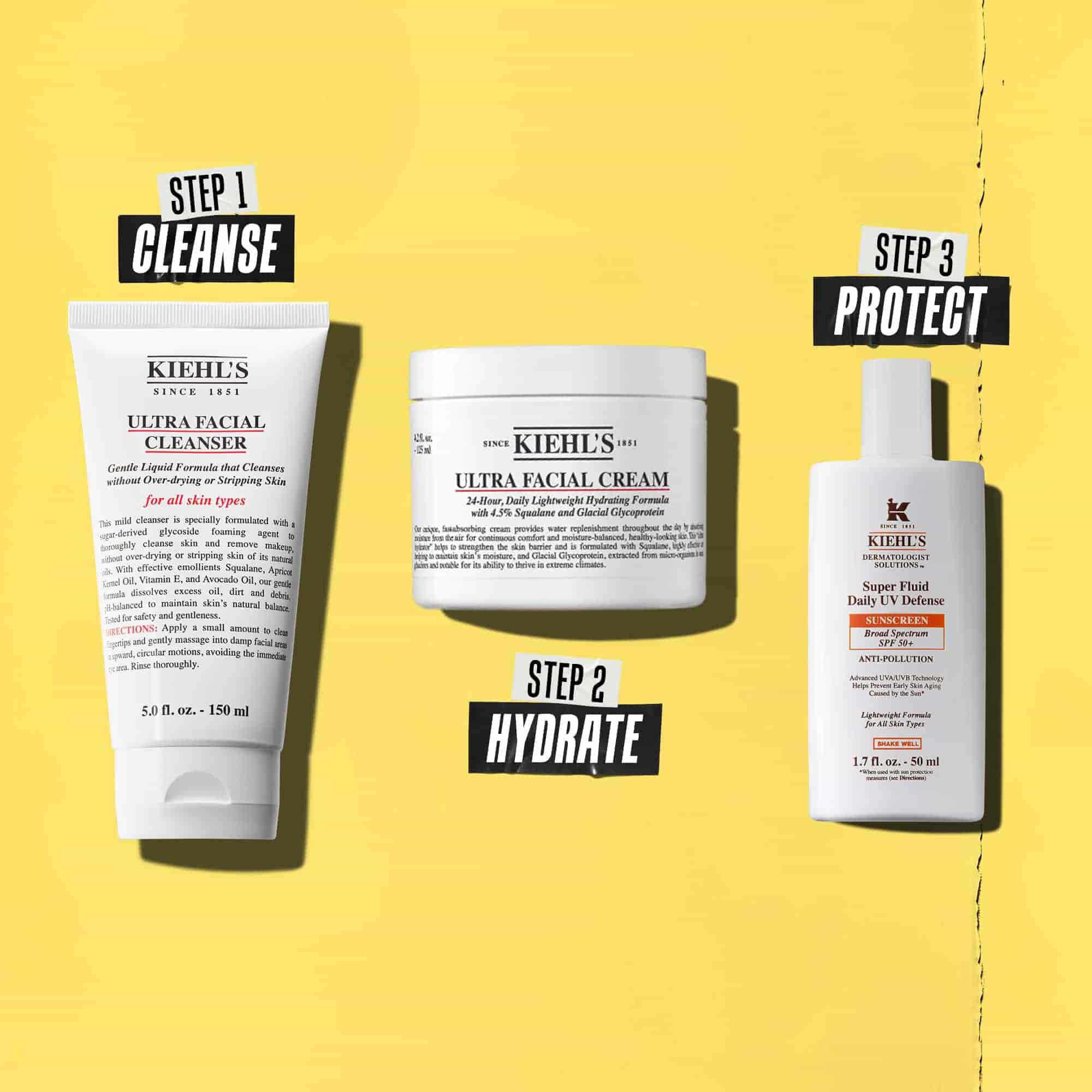 Tři produkty Kiehl's představujici rutinu. Zleva doprava: čistici připravek, hydratačni krem a opalovaci krem.