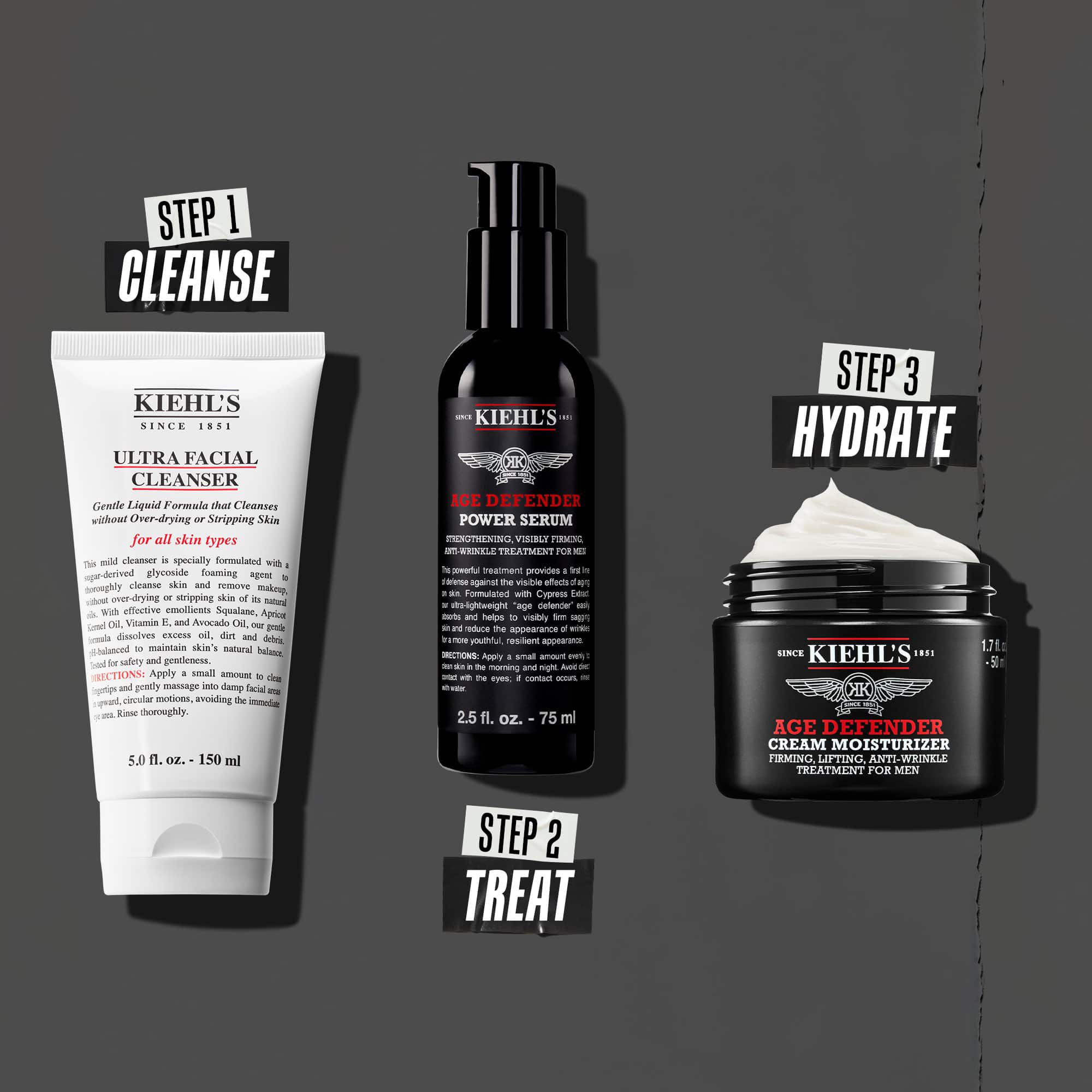 Třikrokova rutina Age Defender: 1. krok: peče o oči. 2. krok: hydratačni serum. 3. krok: obnovujici krem.