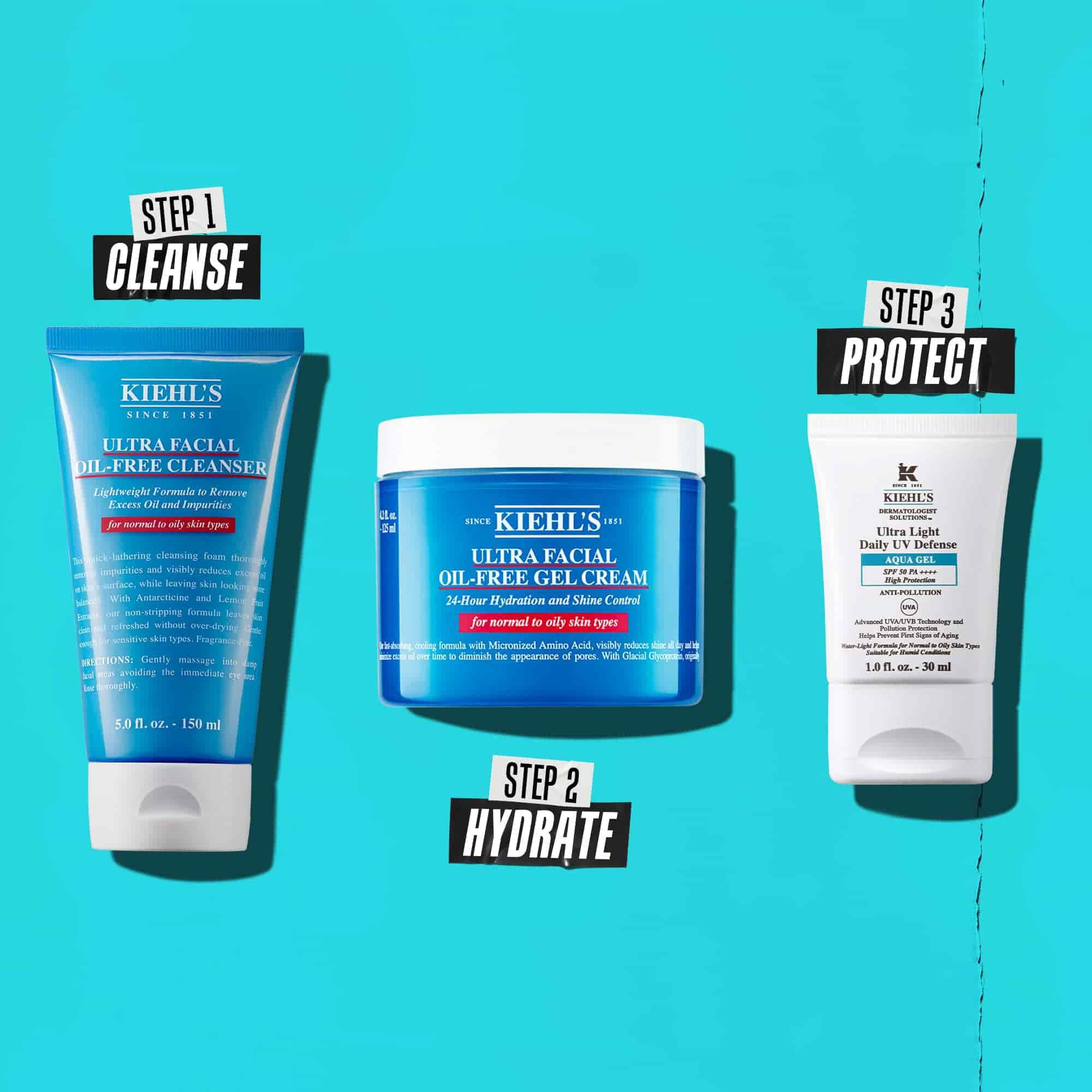 Třikrokova rutina s produkty Kiehl's. Krok 1: Ultra Facial Oil-Free Cleanser. Krok 2: Ultra Facial Oil-Free Gel Cream. Krok 3: Ultra Light Daily UV Defense Aqua Gel.