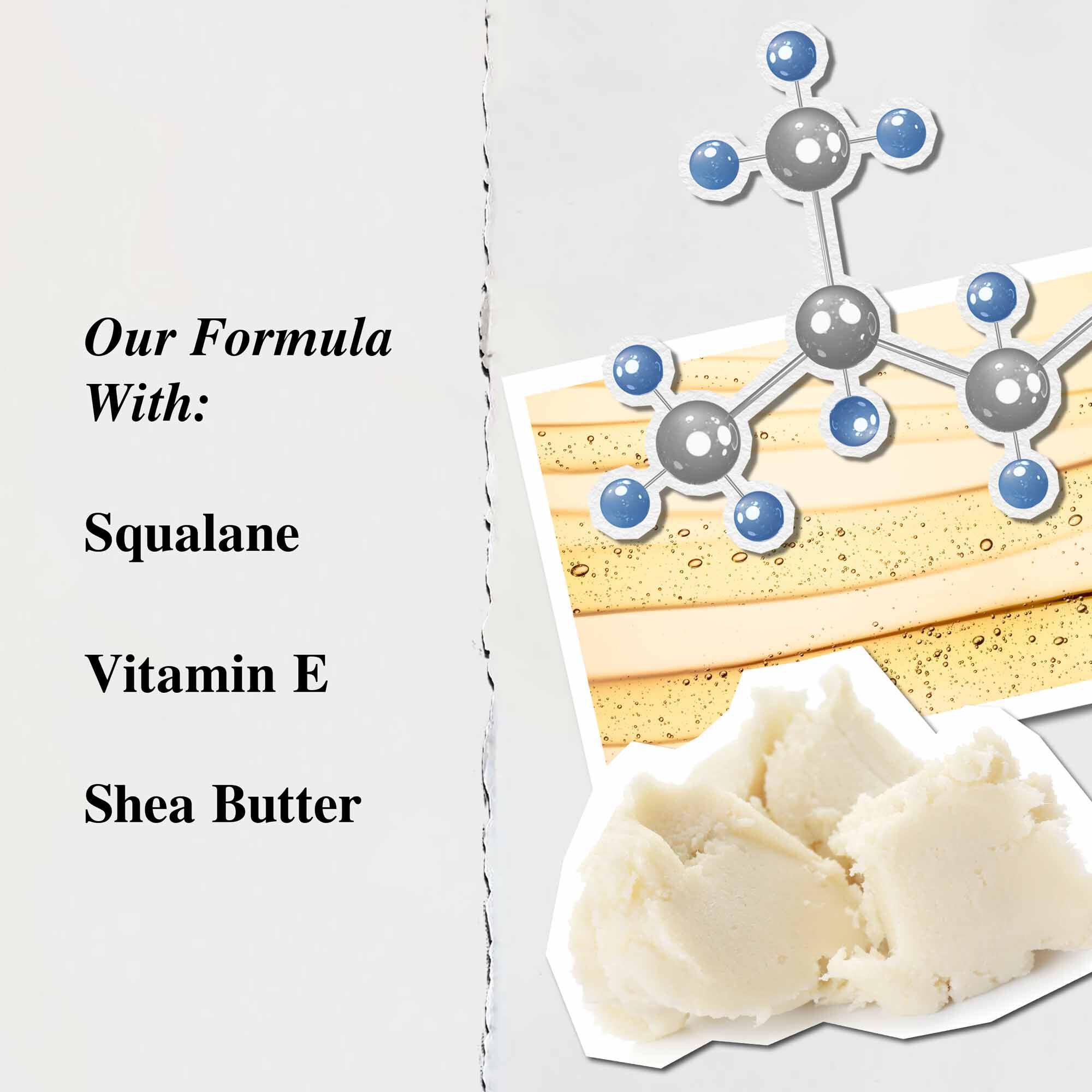 Grafika zdůrazňujici kličove složky balzamu Lip Balm #1: bambucke maslo, skvalan a vitamin E.