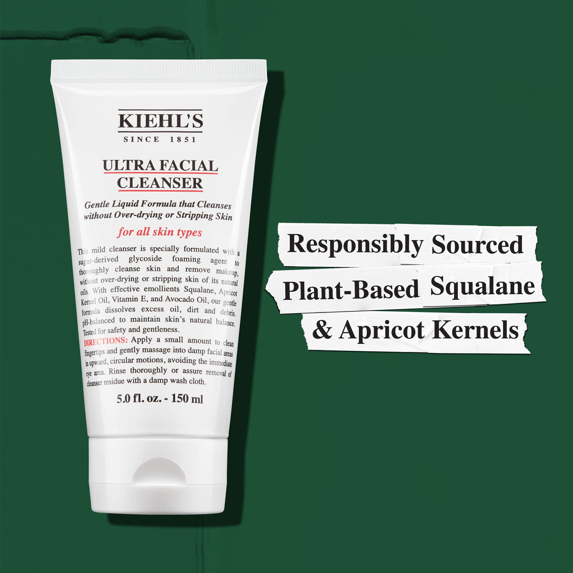 Kiehl's Ultra Facial Cleanser obsahuje zodpovědně ziskavany rostlinny skvalan a meruňkova jadra