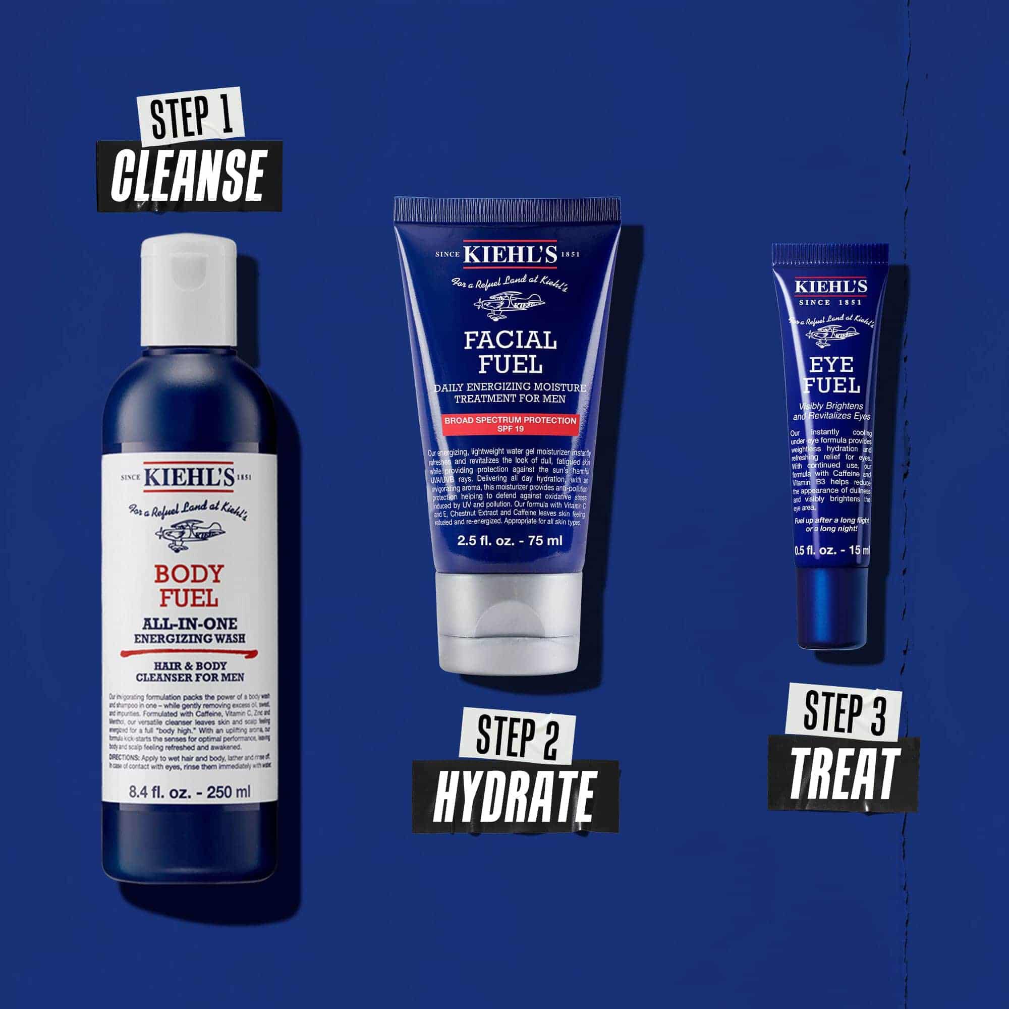 Třikrokova rutina Body Fuel: 1. krok: myti. 2. krok: hydratace s peči Facial Fuel. 3. krok: očni krem Facial Fuel Eye Fuel.