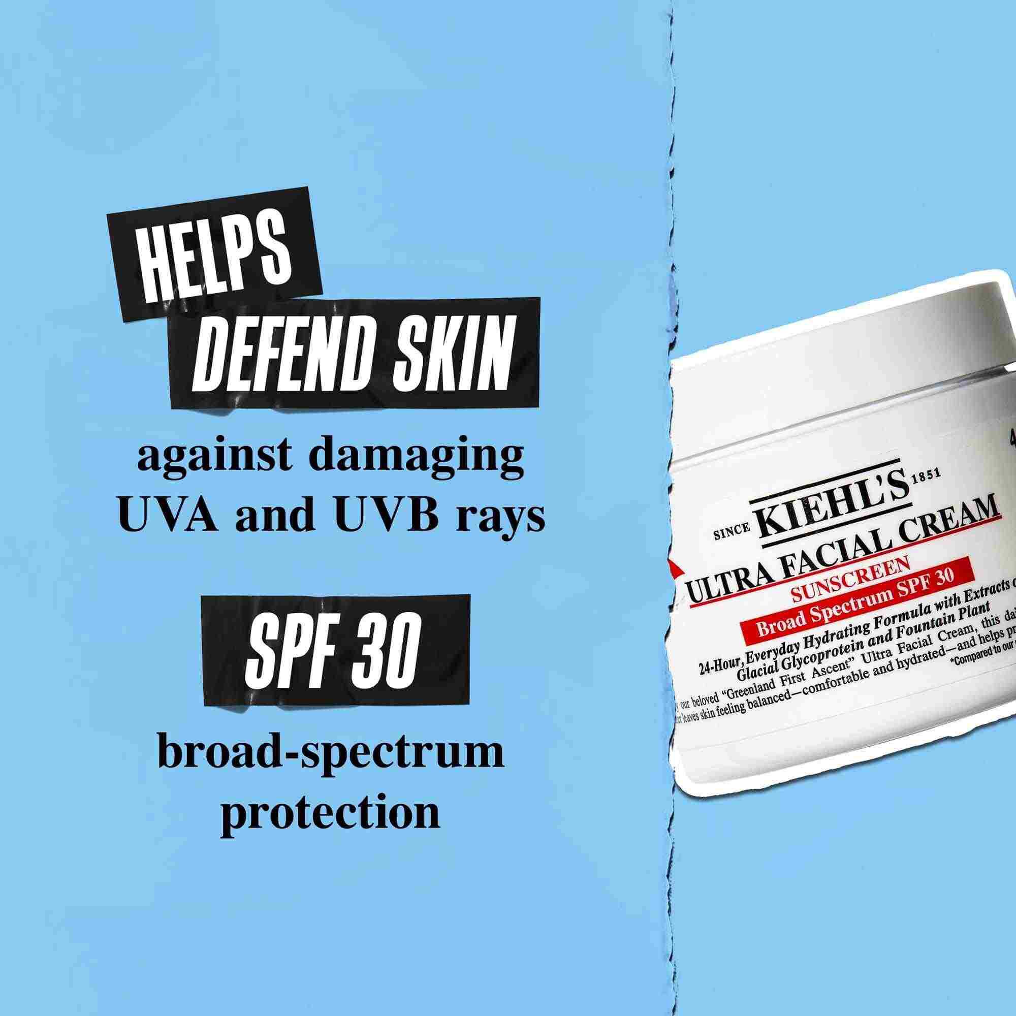 Kelimek Ultra Facial Cream SPF 30 na modrem pozadi s textem: „Pomaha chranit pleť před škodlivymi UVA a UVB paprsky. SPF 30 širokospektralni ochrana.“