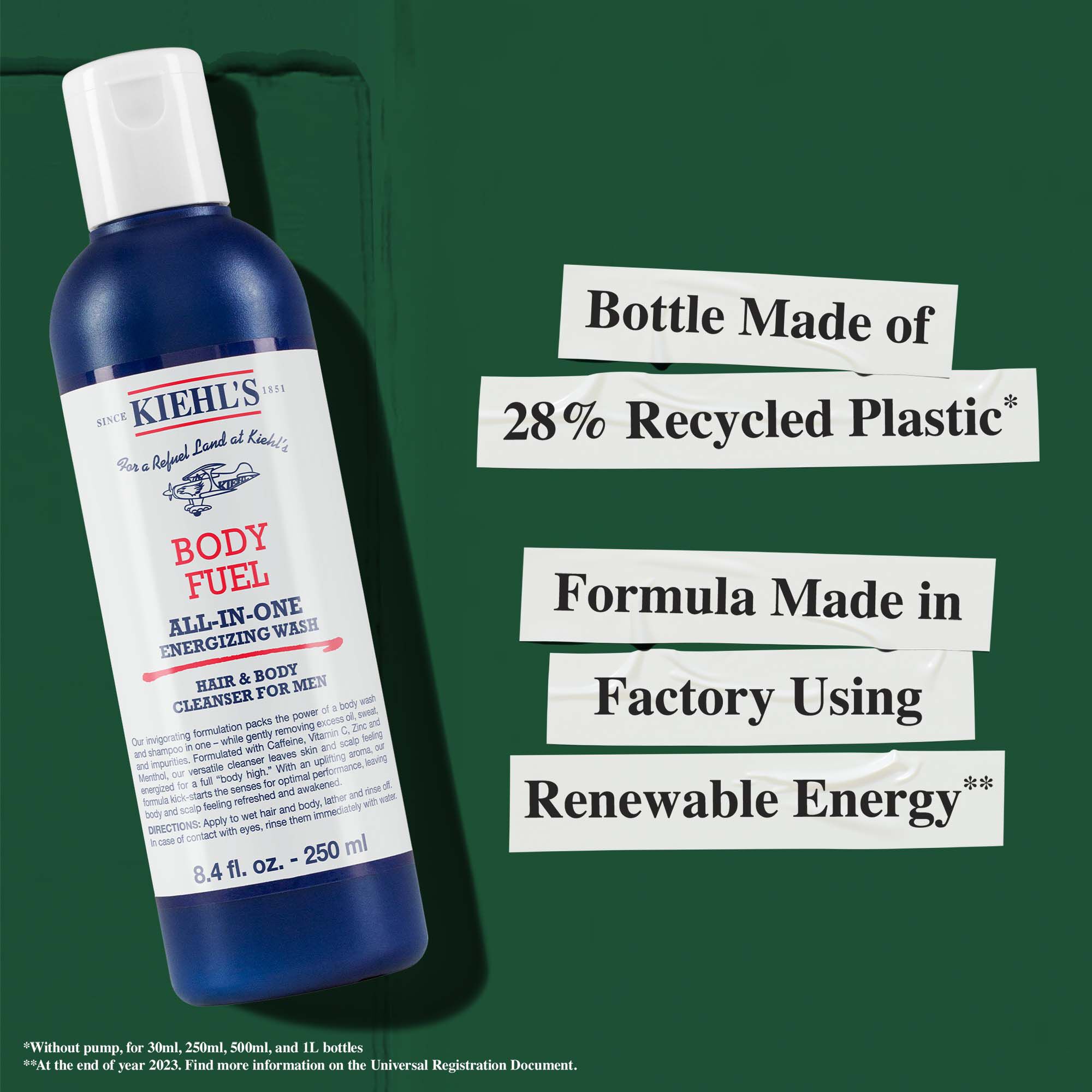 Lahev Body Fuel vyrobena z 28 % z recyklovaneho plastu; složeni vyrobene v tovarně využivajici obnovitelnou energii.