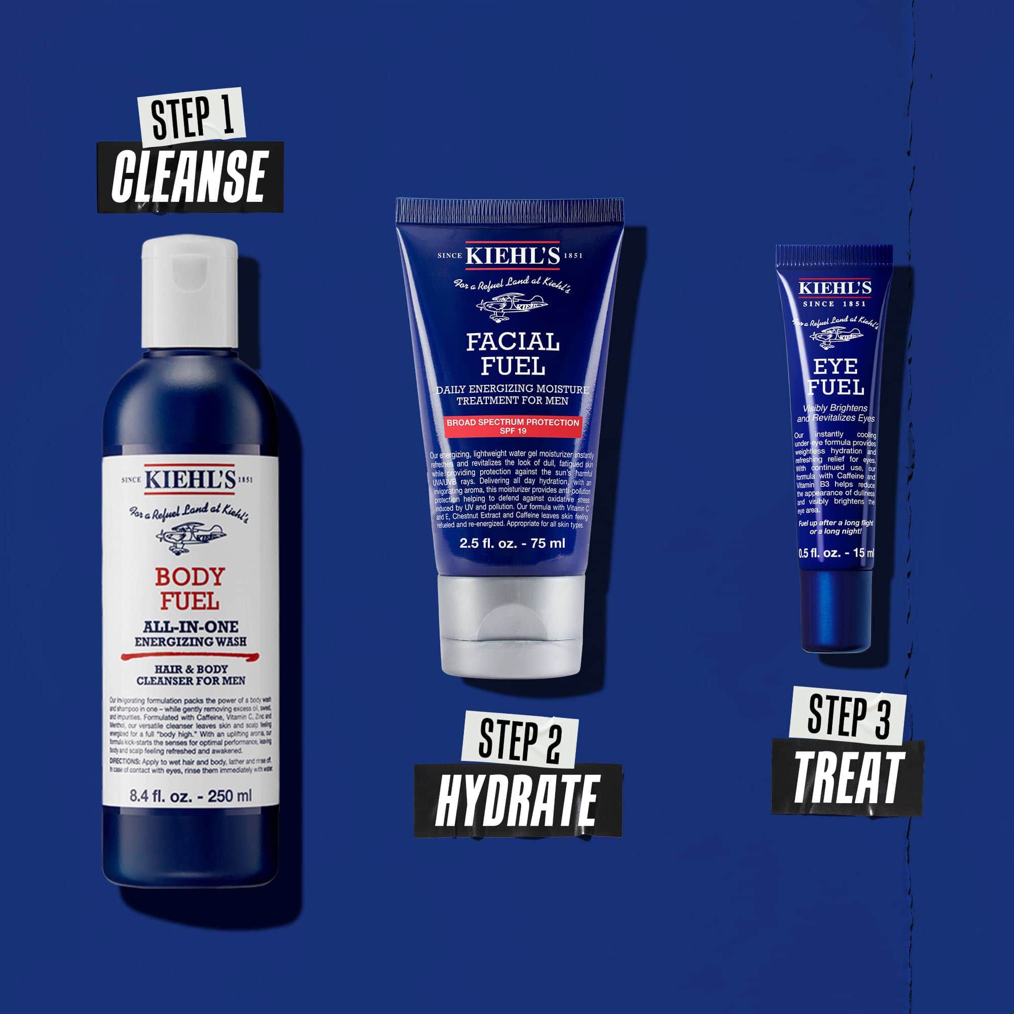 Třikrokova rutina Body Fuel: 1. krok: myti. 2. krok: hydratace s peči Facial Fuel. 3. krok: očni krem Facial Fuel Eye Fuel.