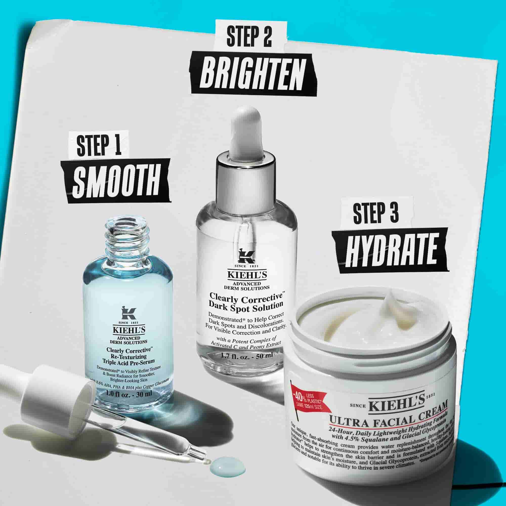 Dva produkty Kiehl's na bilem povrchu s modrym pozadim: Clearly Corrective Triple Acid Peel a Retinol Skin-Renewing Daily Micro-Dose Serum.