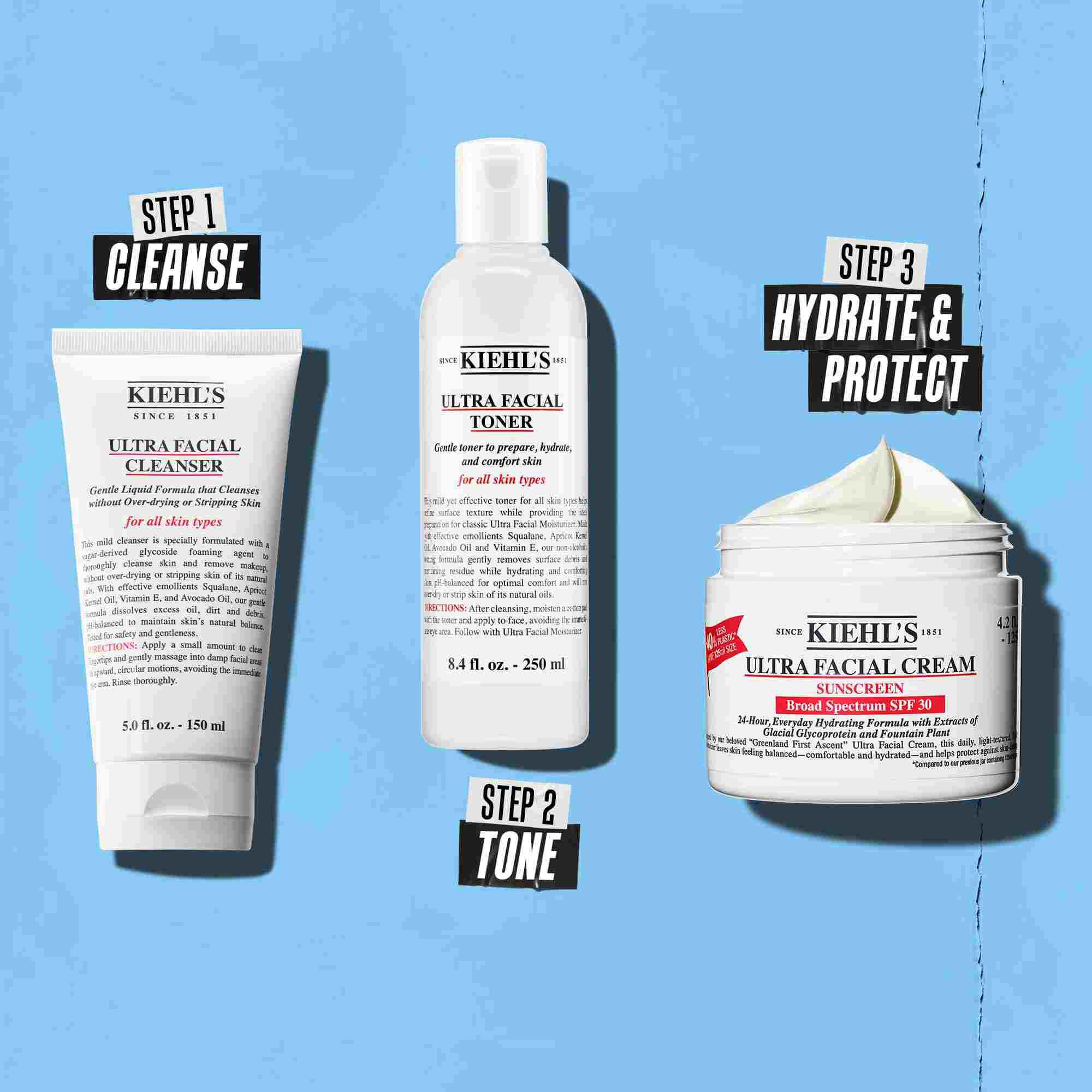 Třikrokova rutina s produkty Kiehl's. Krok 1: Ultra Facial Cleanser. Krok 2: Ultra Facial Toner. Krok 3: Ultra Facial Cream SPF 30.