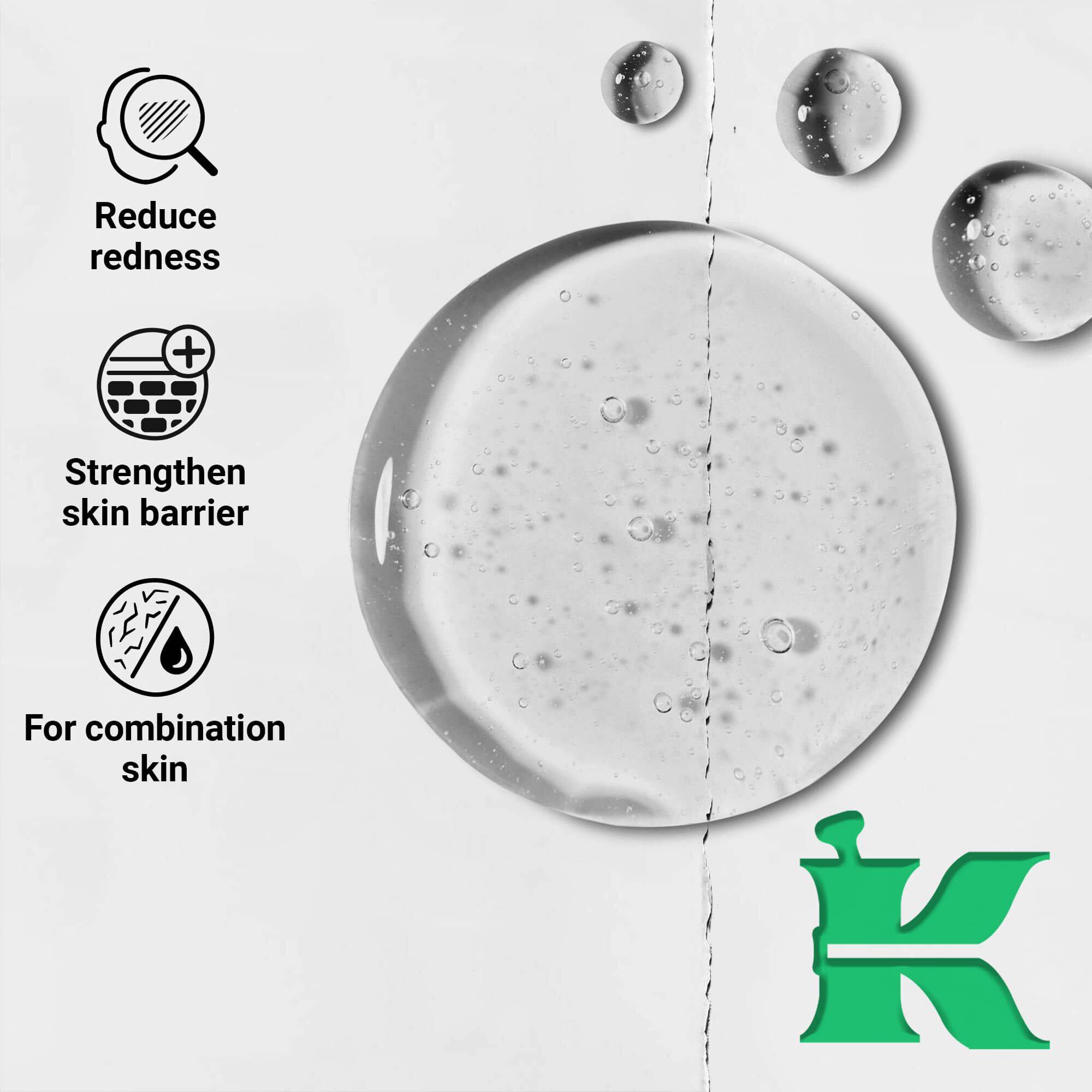 Fotografie textury s ikonami: redukuje začervenani, posiluje kožni barieru, pro smišenou pleť