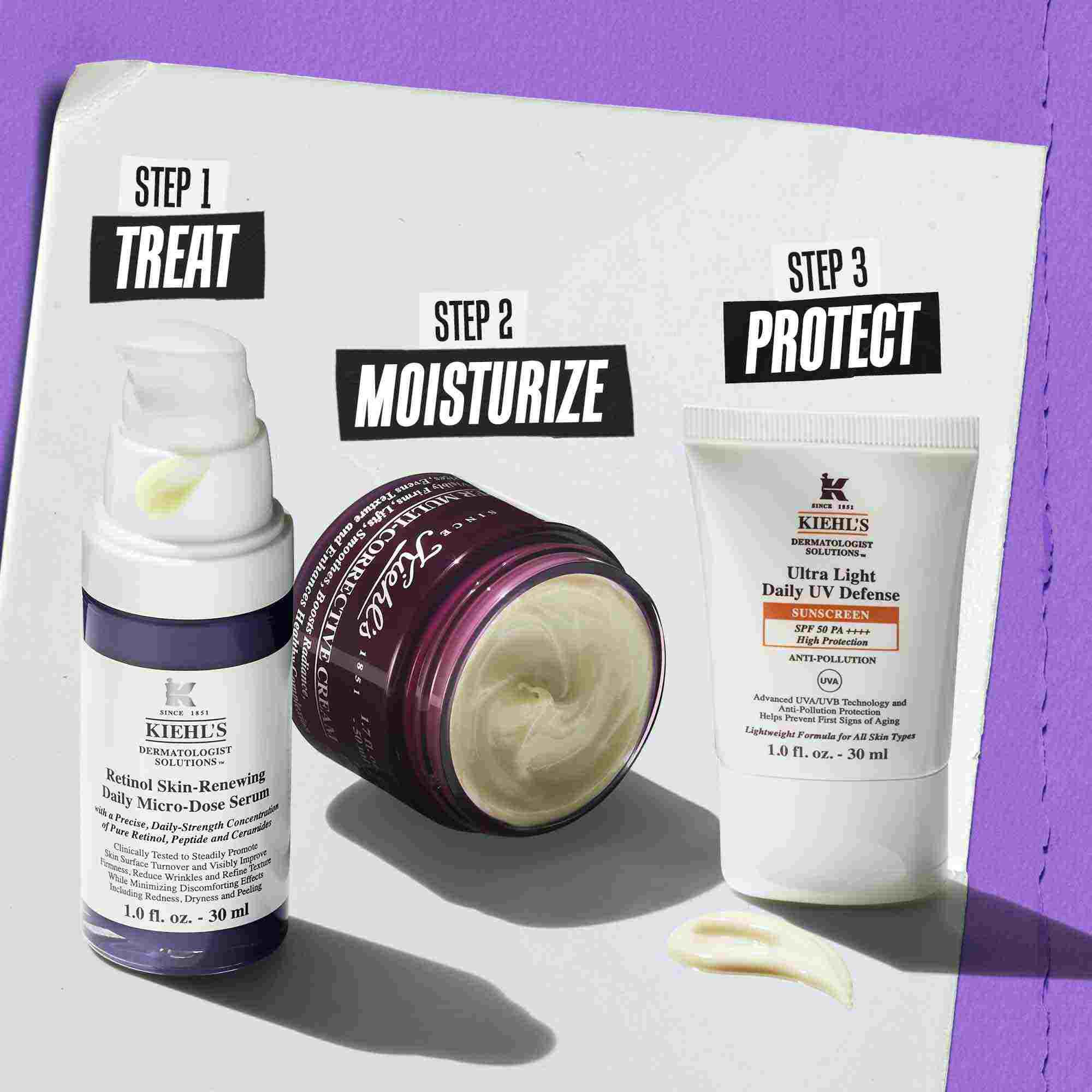 Ilustrace rutiny Retinol Skin Renewing Daily Microdose – čištěni, peče, peče o oči, ochrana