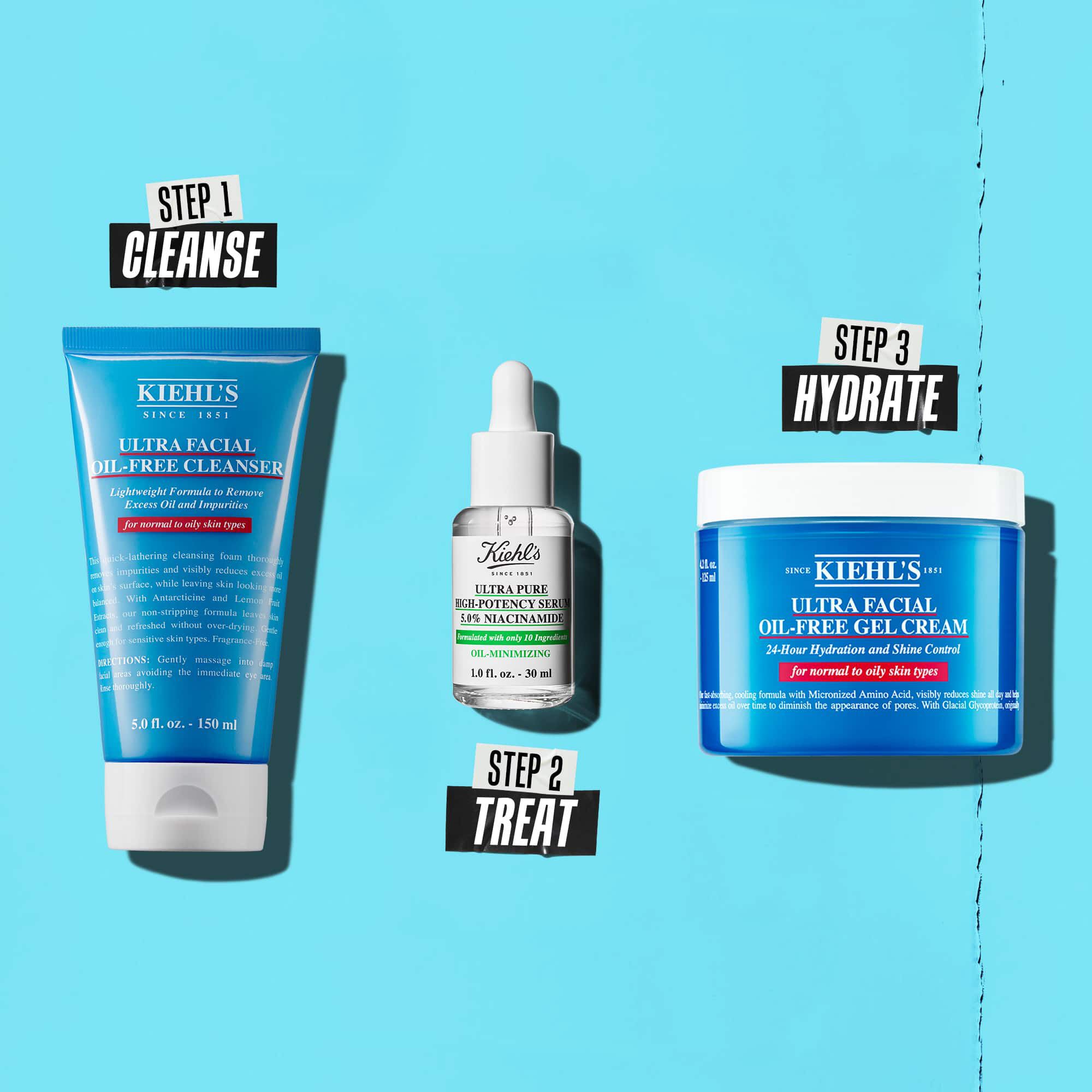 Třikrokova rutina s produkty Kiehl's. Krok 1: Ultra Facial Oil-Free Cleanser. Krok 2: Niacinamidove serum. Krok 3: Ultra Facial Oil-Free Gel Cream.