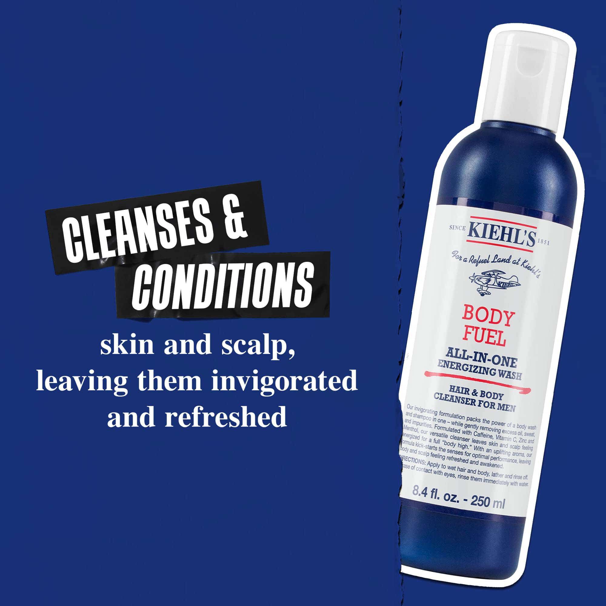 Body Fuel All-In-One Energizing Wash: Čisti a ošetřuje pokožku, vlasy a vlasovou pokožku, zanechava je povzbuzene a osvěžene.