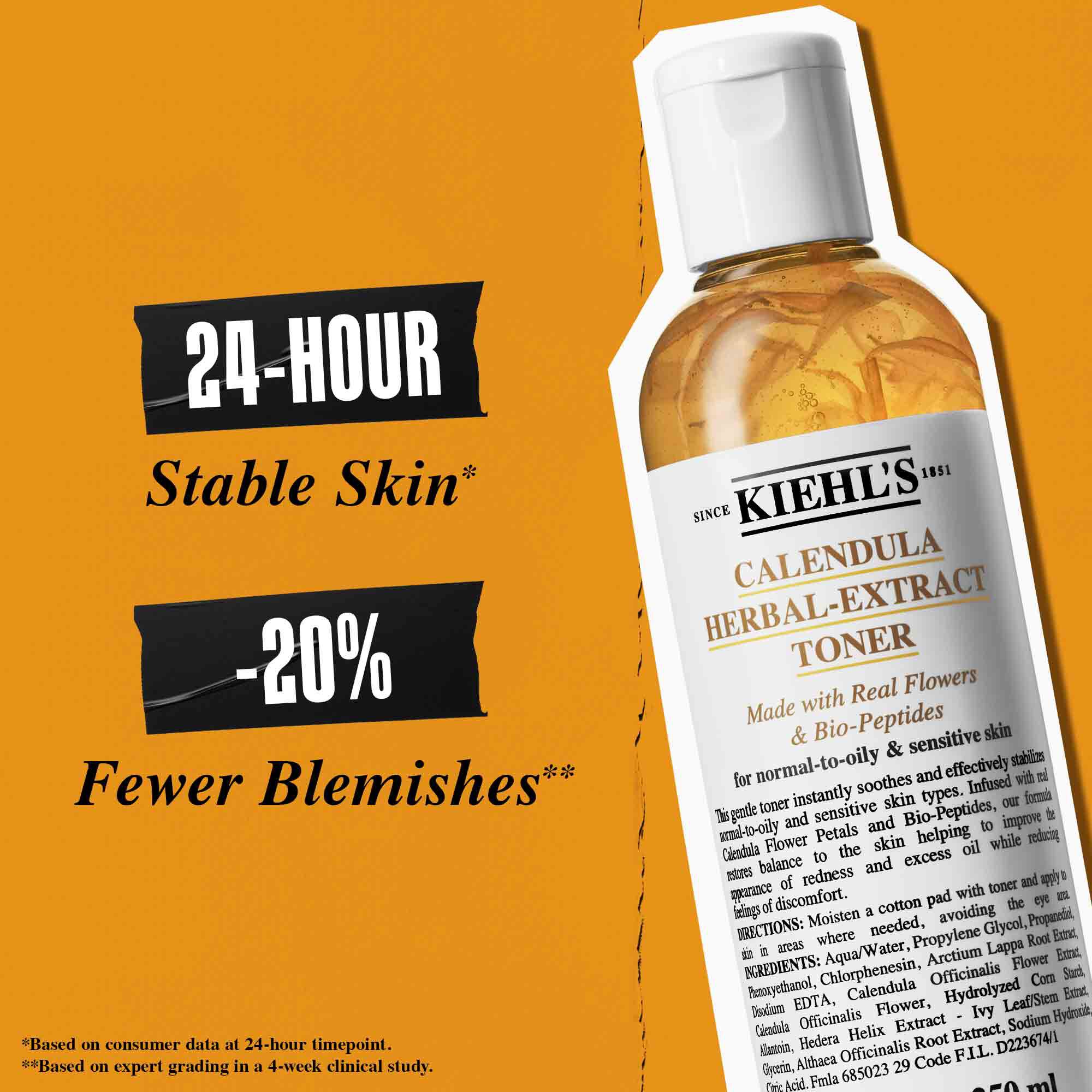 Lahvička Calendula Herbal-Extract Toner na oranžovem pozadi s textem: „Po 3 dnech: Viditelne prvni zlepšeni zarudnuti, mastnoty a lesku a vzhledu porů.“