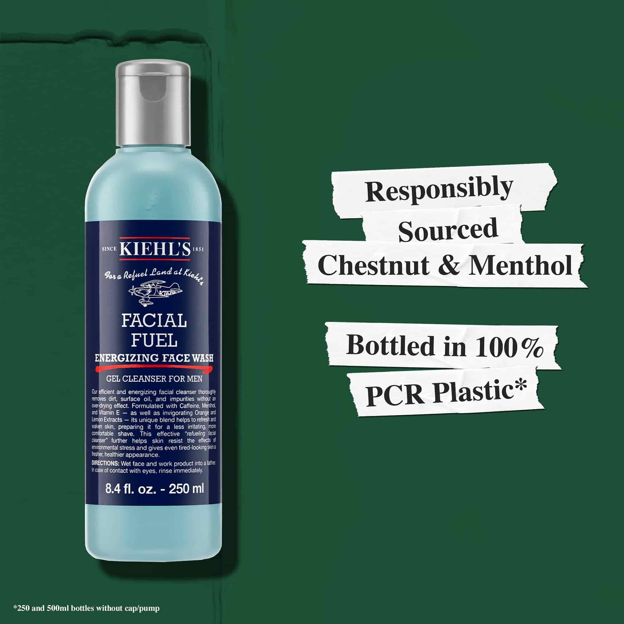Čistici gel Facial Fuel obsahuje zodpovědně ziskavane složky a lahvička je vyrobena ze 100% recyklovaneho plastu (PCR)