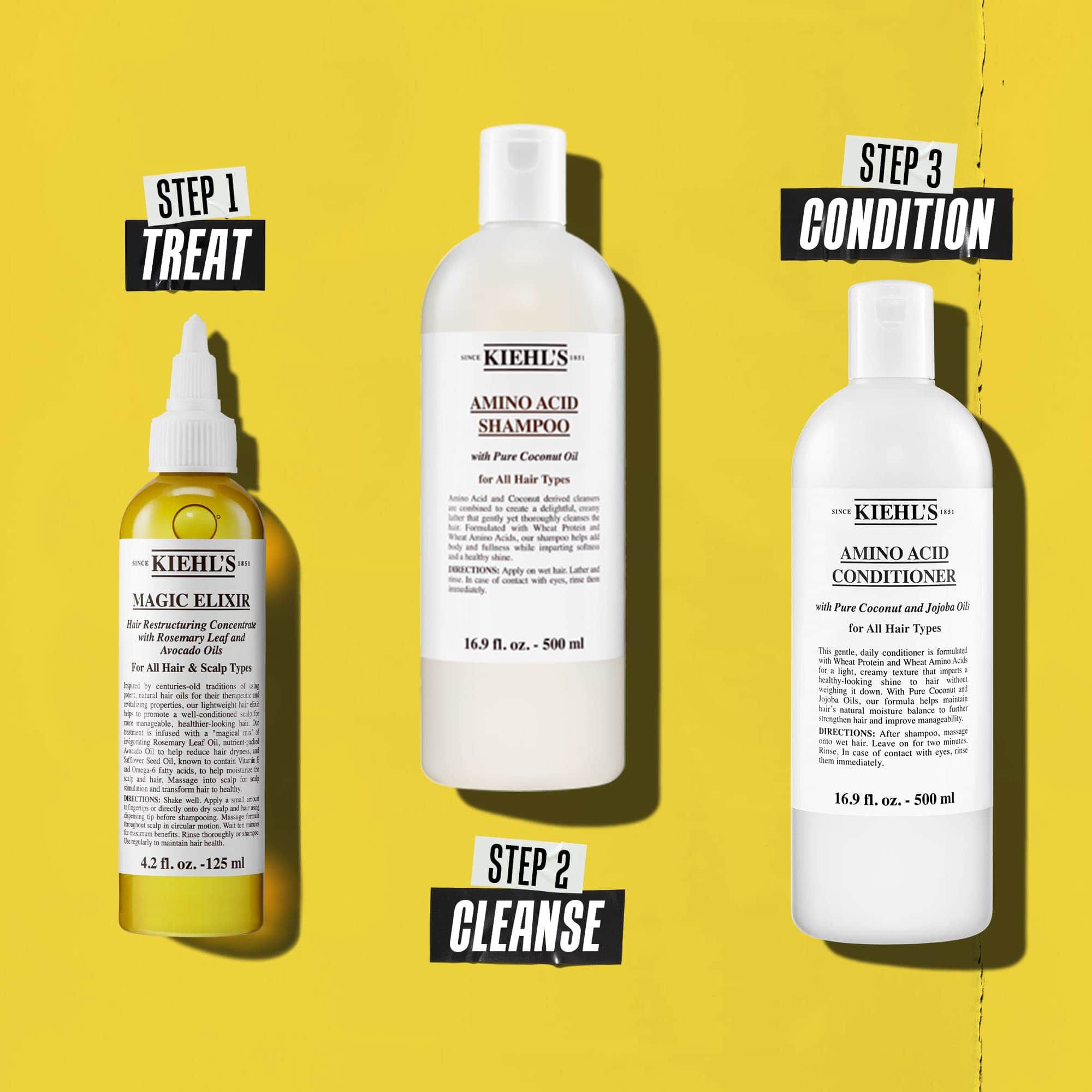 Třikrokova vlasova rutina s produkty Kiehl's. Krok 1: Magic Elixir Hair Oil. Krok 2: Amino Acid Shampoo. Krok 3: Amino Acid Conditioner. Text označuje kroky jako „Ošetřit“, „Vyčistit“ a „Kondicionovat“.