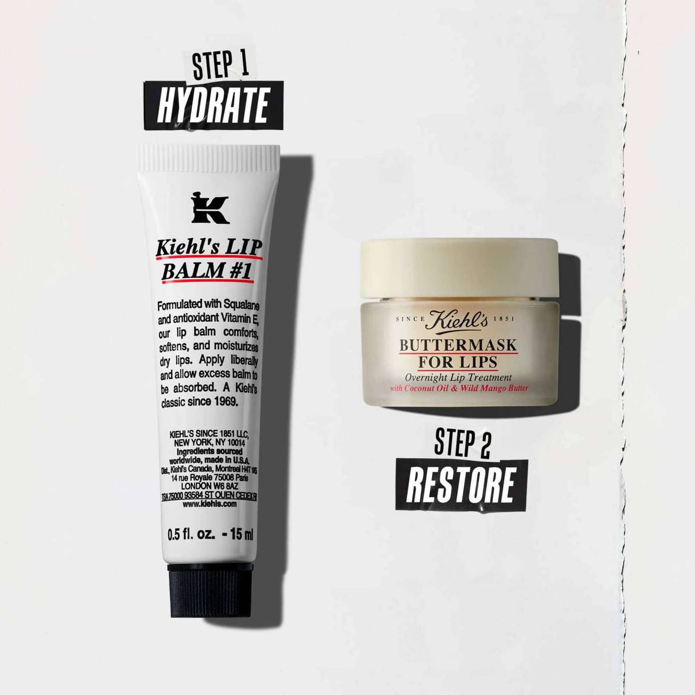 Dvoukrokova rutina obsahujici Lip Balm #1 pro hydrataci a Butter Mask pro regeneraci.