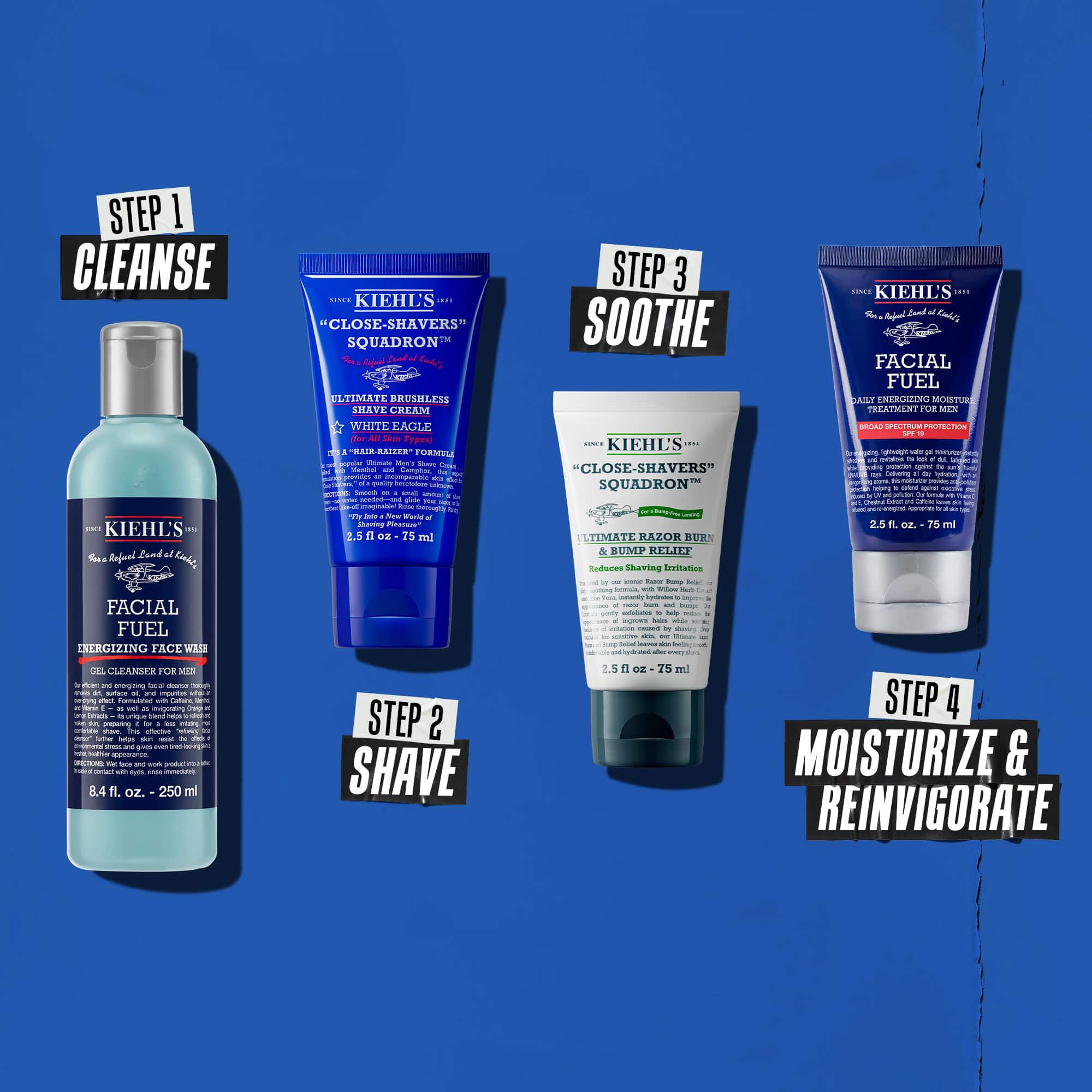 Čtyřkrokova rutina s produkty Kiehl's. Krok 1: Facial Fuel Cleanser. Krok 2: Ultimate Brushless Shave Cream. Krok 3: Ultimate Razor Bump and Relief. Krok 4: Facial Fuel Moisturizer.