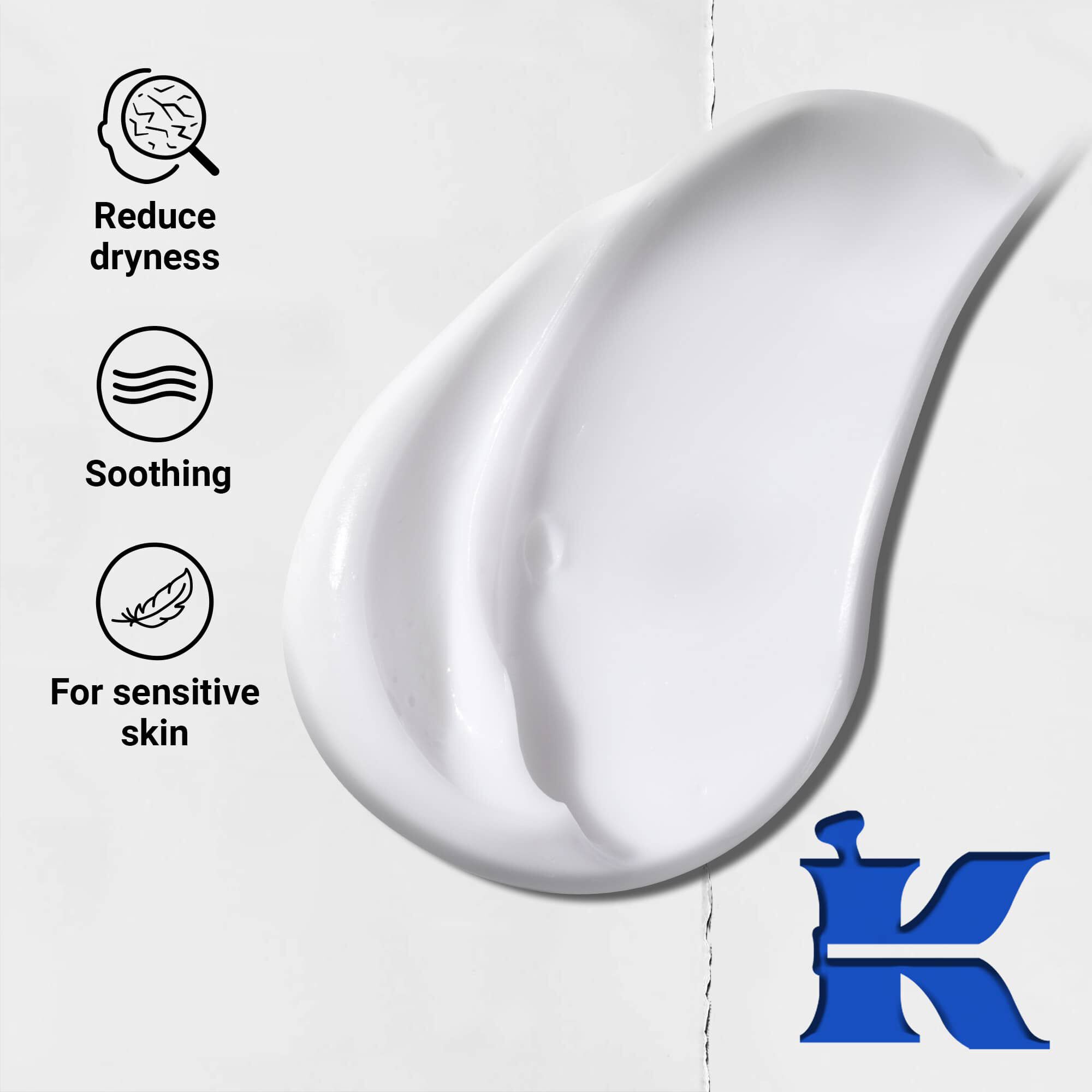 Fotografie textury s ikonami: redukuje suchost, zklidňuje a je určeno pro citlivou pokožku