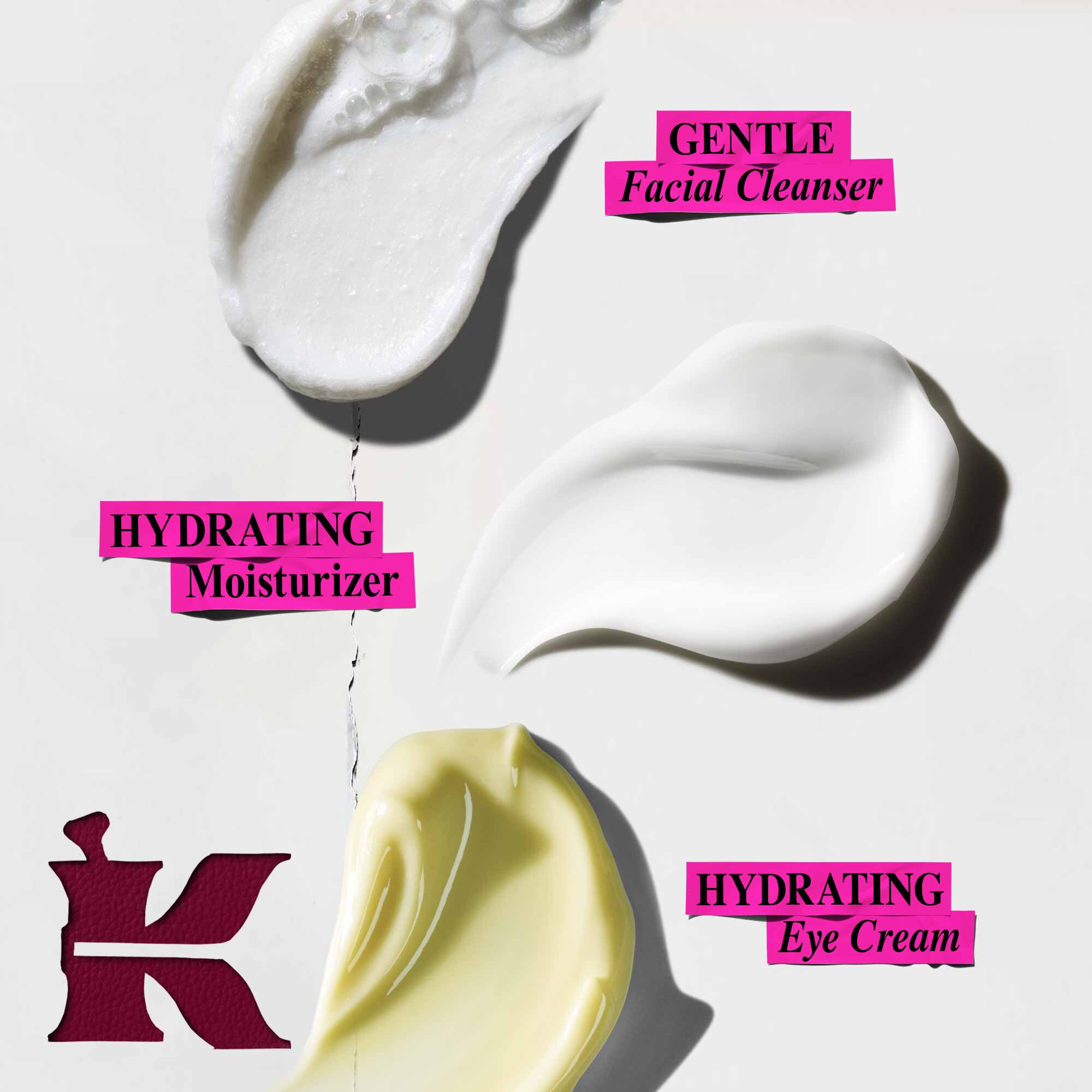 Grafika znazorňujici tři viry produktu na bilem pozadi. Horni bily vir je označen jako "GENTLE Facial Cleanser". Prostředni bily vir je označen jako "HYDRATAČNI hydratačni krem". Spodni světle žluty vir je označen jako "HYDRATAČNI očni krem". V levem dolnim rohu je tmavě červene logo "K".