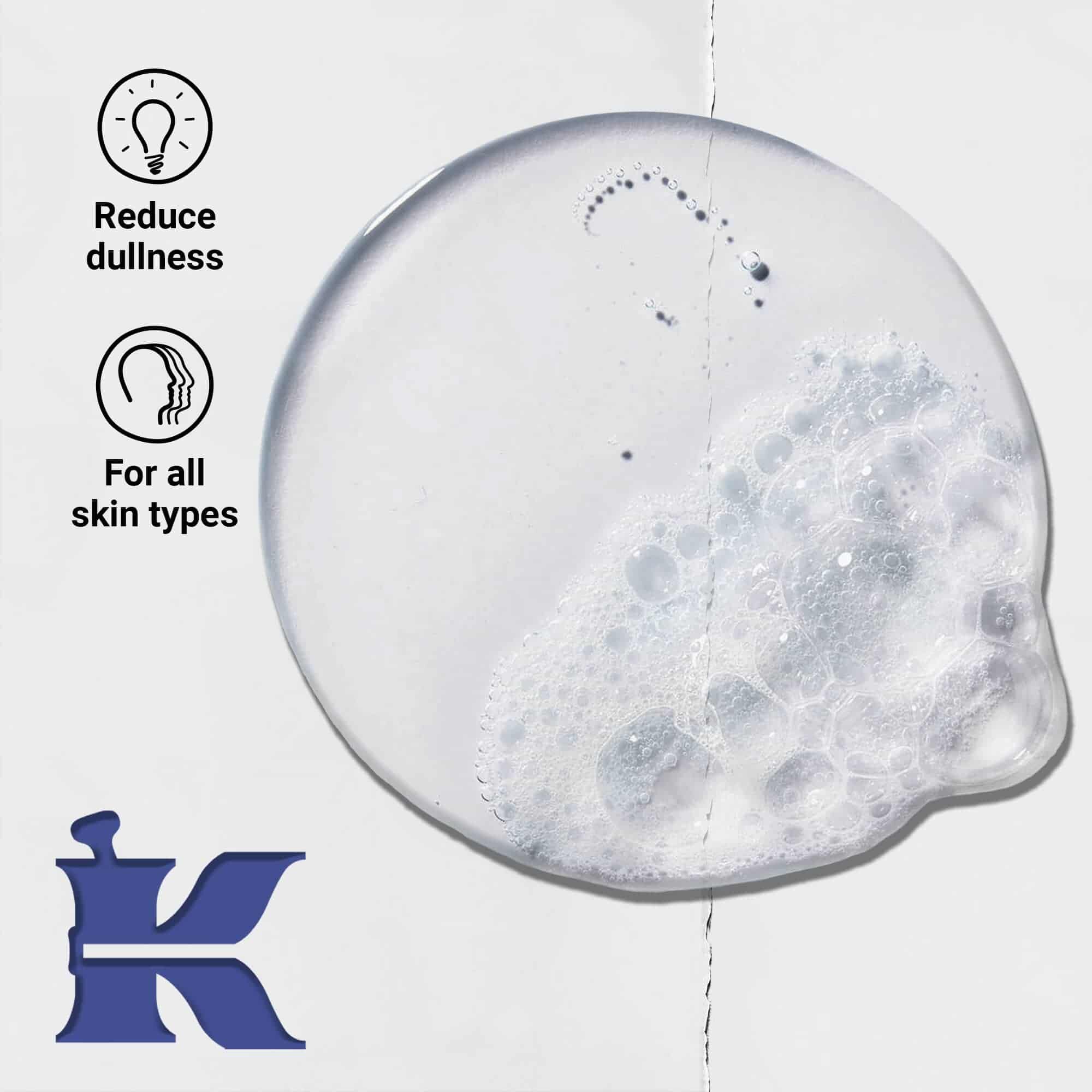Fotografie textury Facial Fuel s ikonami uvadějicimi, že potlačuje unavu a je pro všechny typy pleti