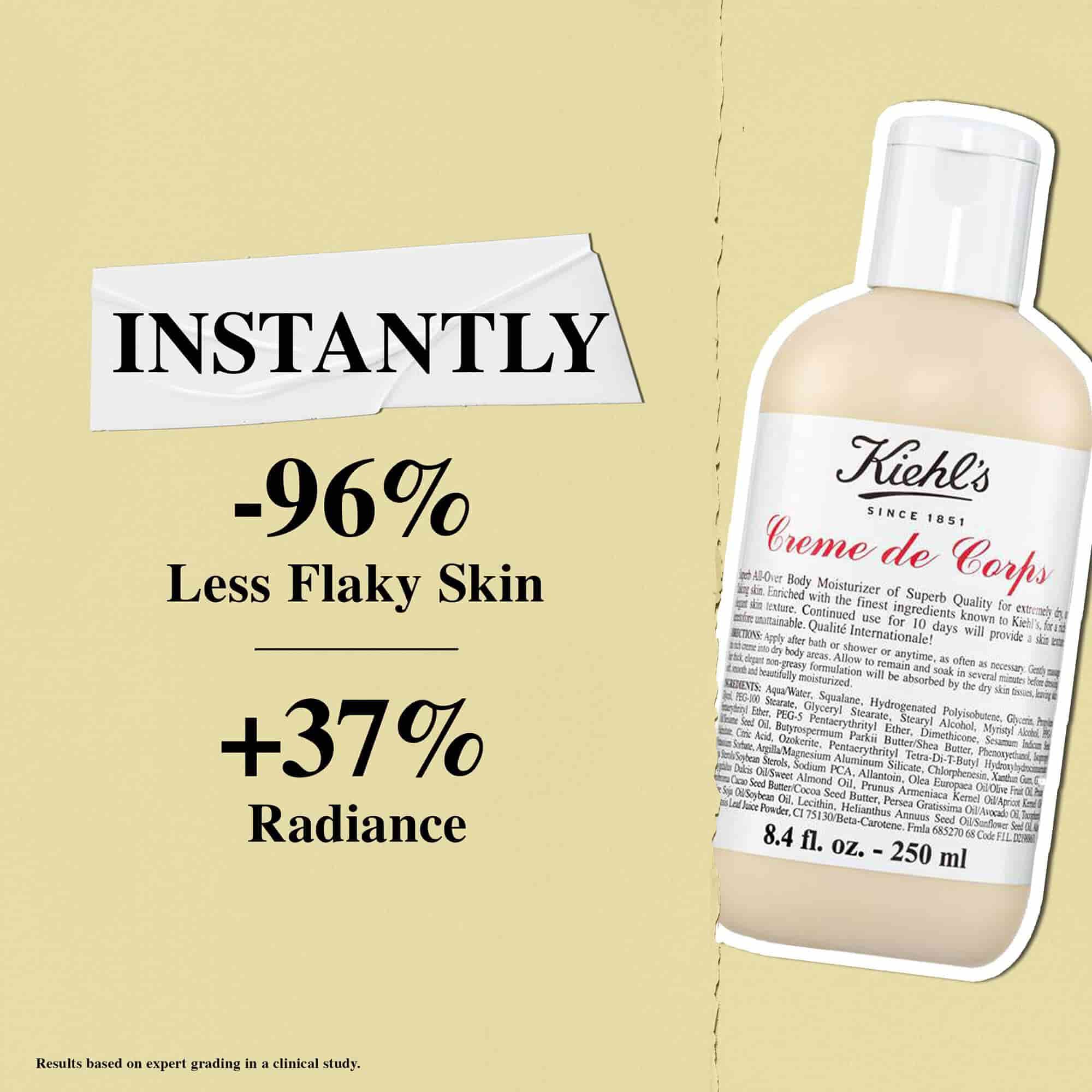 Mleko Kiehl's Creme de Corps okamžitě zajišťuje o 96 % meně šupinatou pokožku a 37% zvyšeni jasu