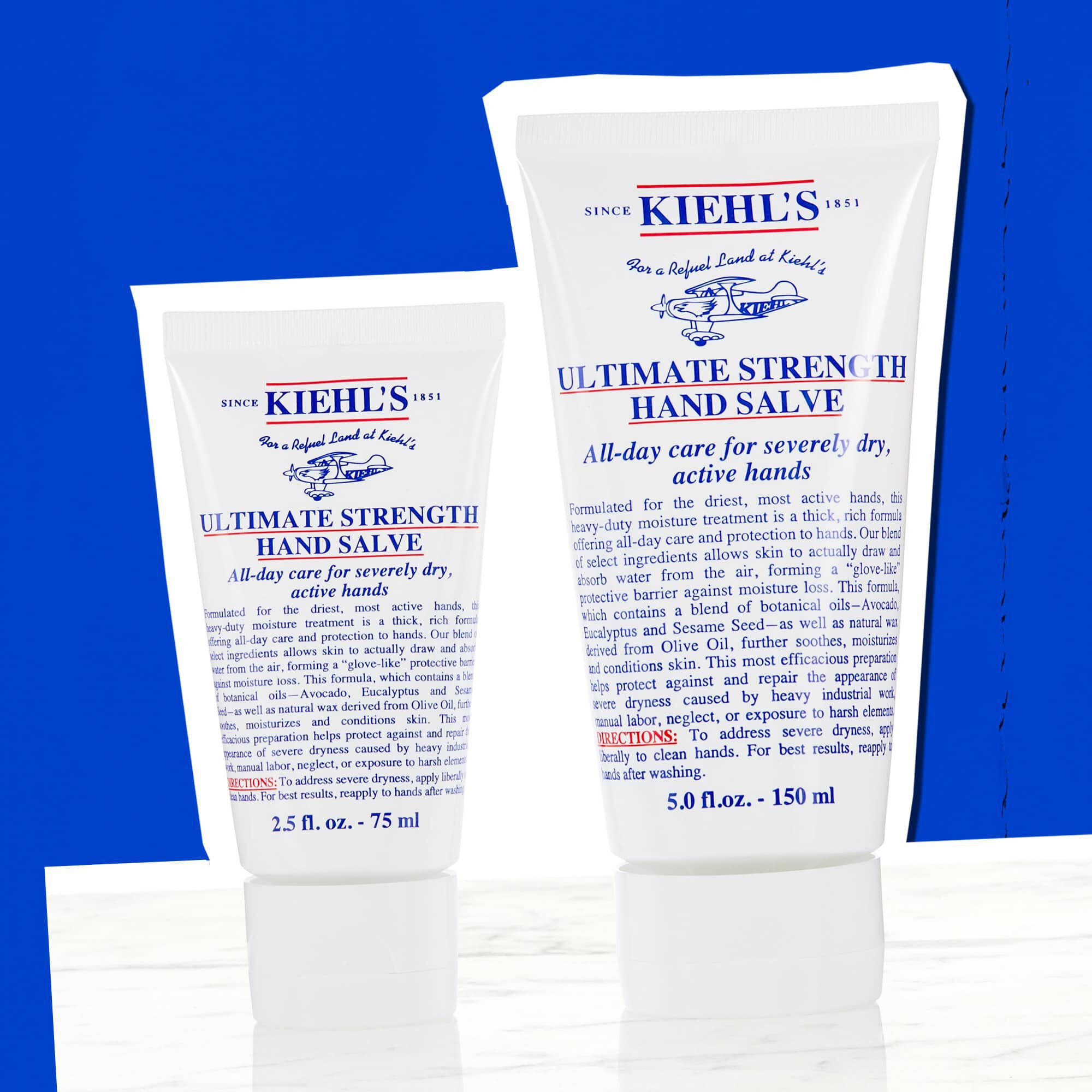 Dvě tuby Kiehl's Ultimate Strength Hand Salve ukazujici dostupne velikosti