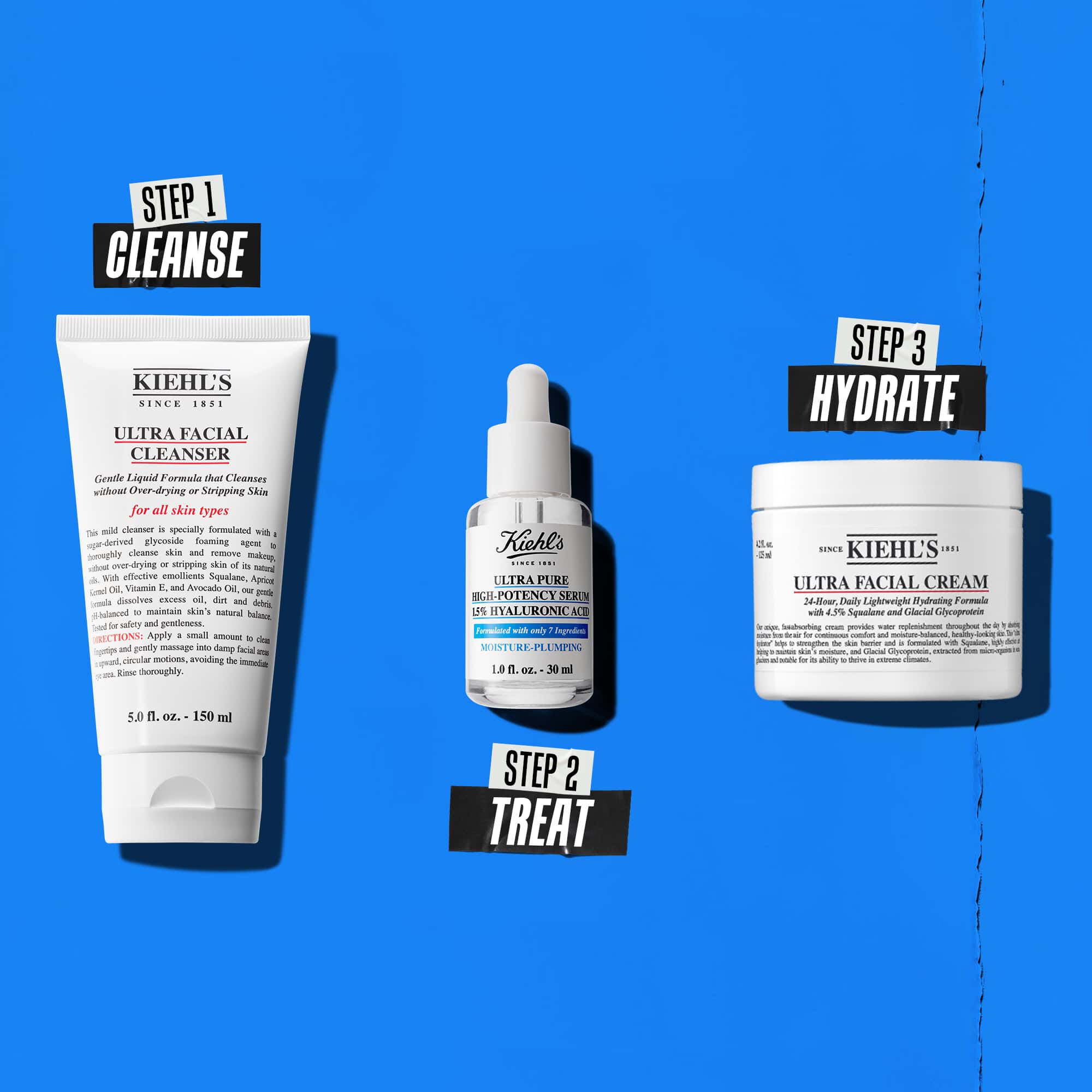 Třikrokova rutina s produkty Kiehl's. Krok 1: Ultra Facial Cleanser. Krok 2: Serum s kyselinou hyaluronovou. Krok 3: Ultra Facial Cream.